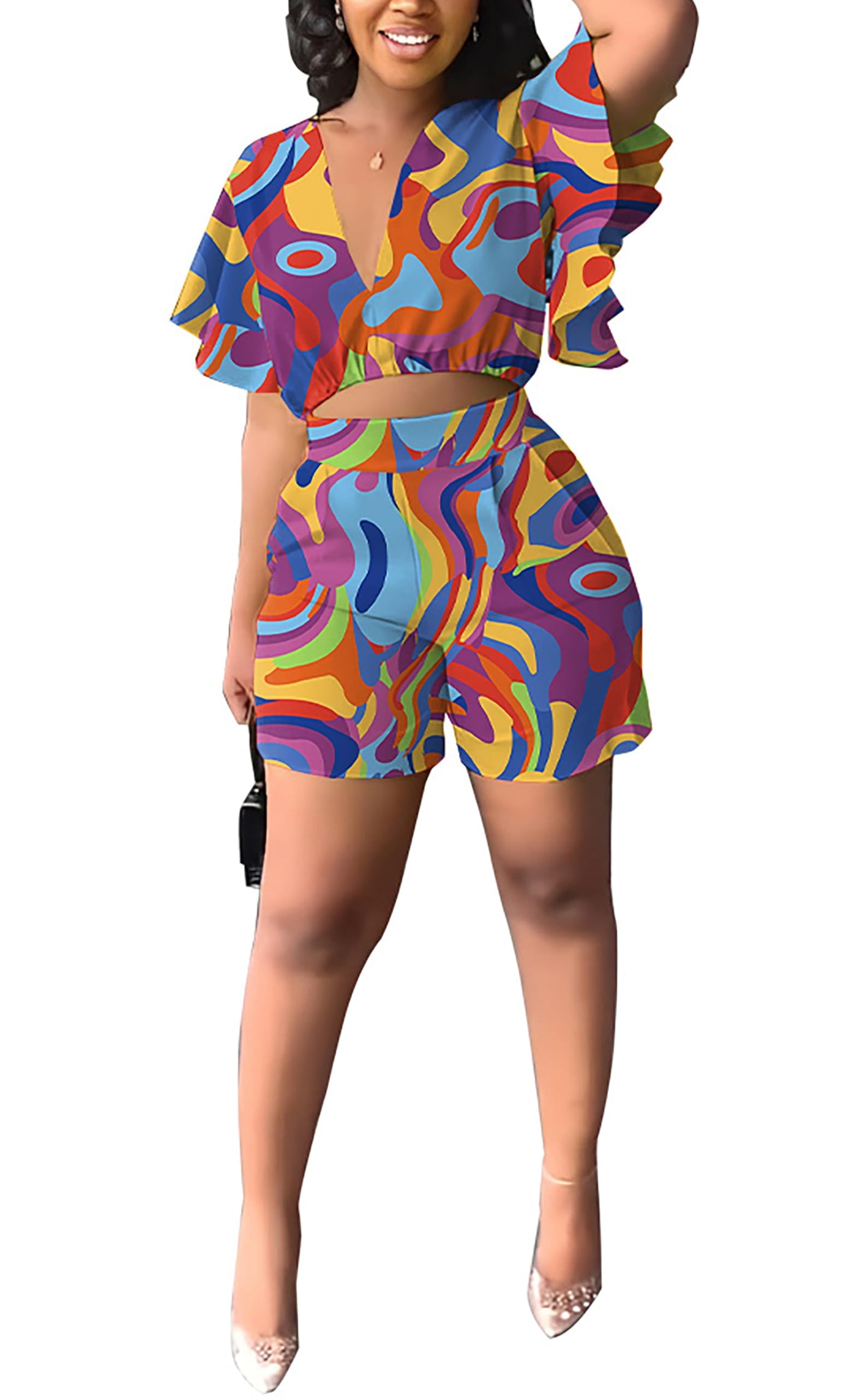 Fooullaide Womens Summer 2 Piece Outfit Set Crop Top Butterfly Sleeve Short Set Sexy Beach Vacation 2pc Sets