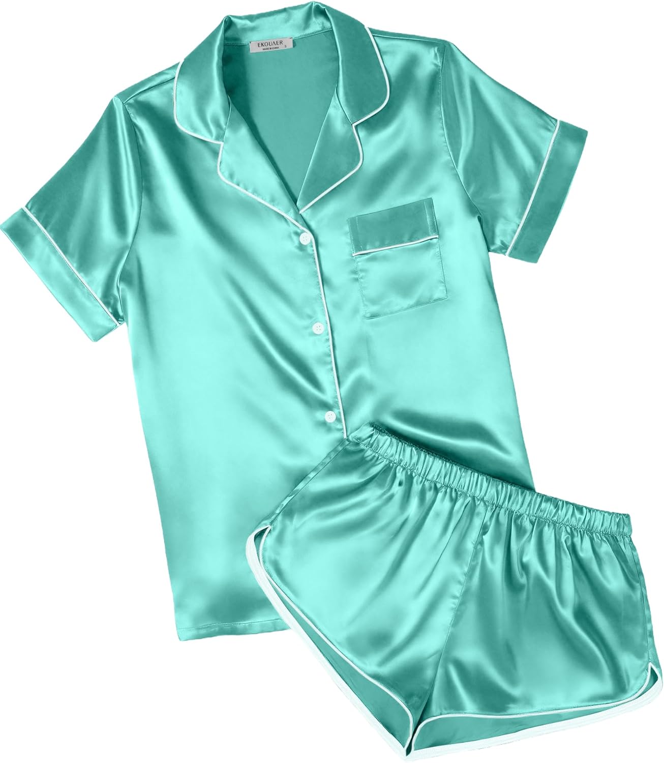 Ekouaer Womens Silk Satin Pajamas Short Sleeve PJS Shorts Set Soft Button Down Sleepwear 2 Piece Loungewear S-5XL
