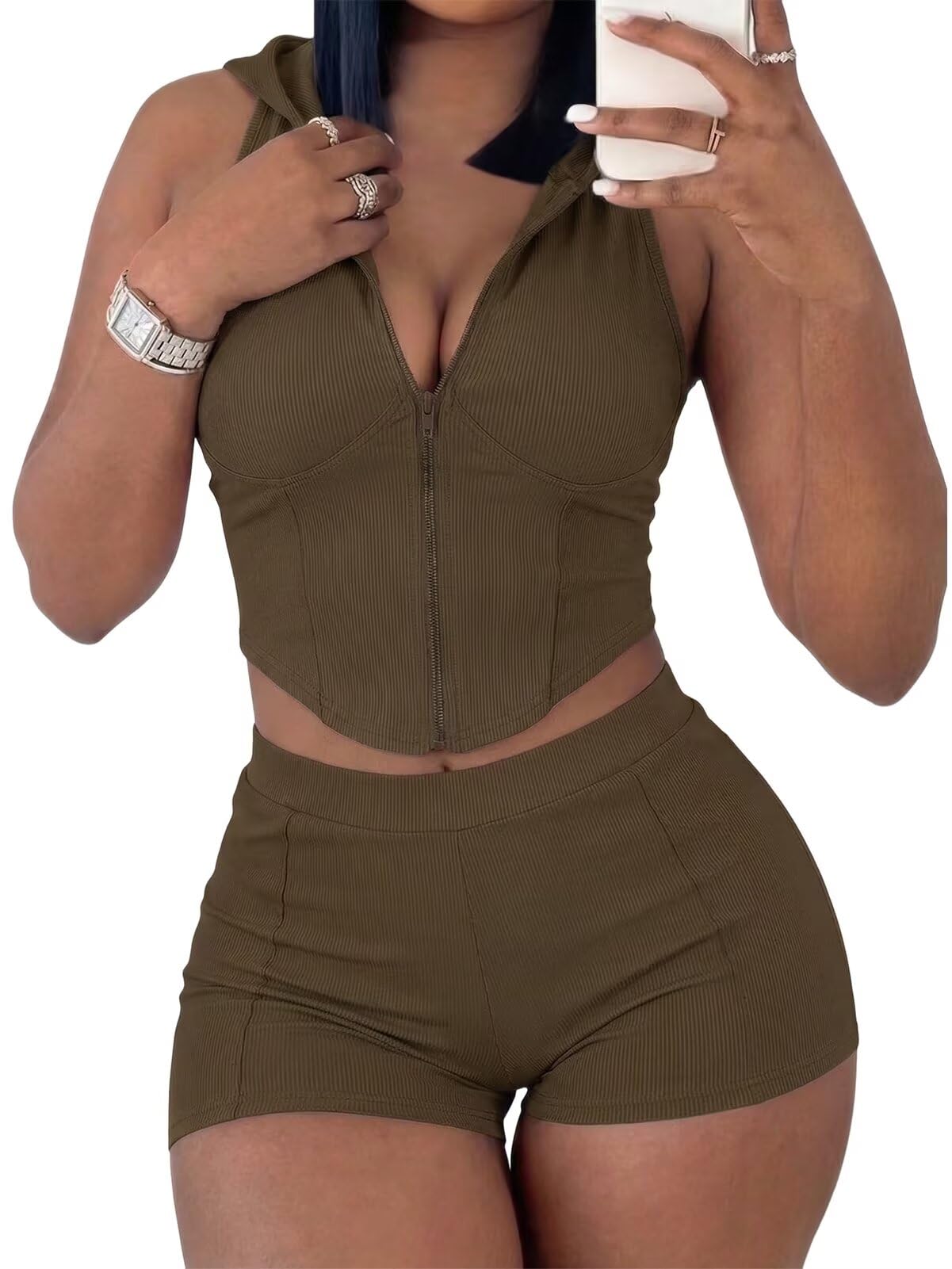 Women's 2 Piece Short Sets Sleeveless Hoodied Tops Ribbed Workout Set Summer Tracksuit Loungewear