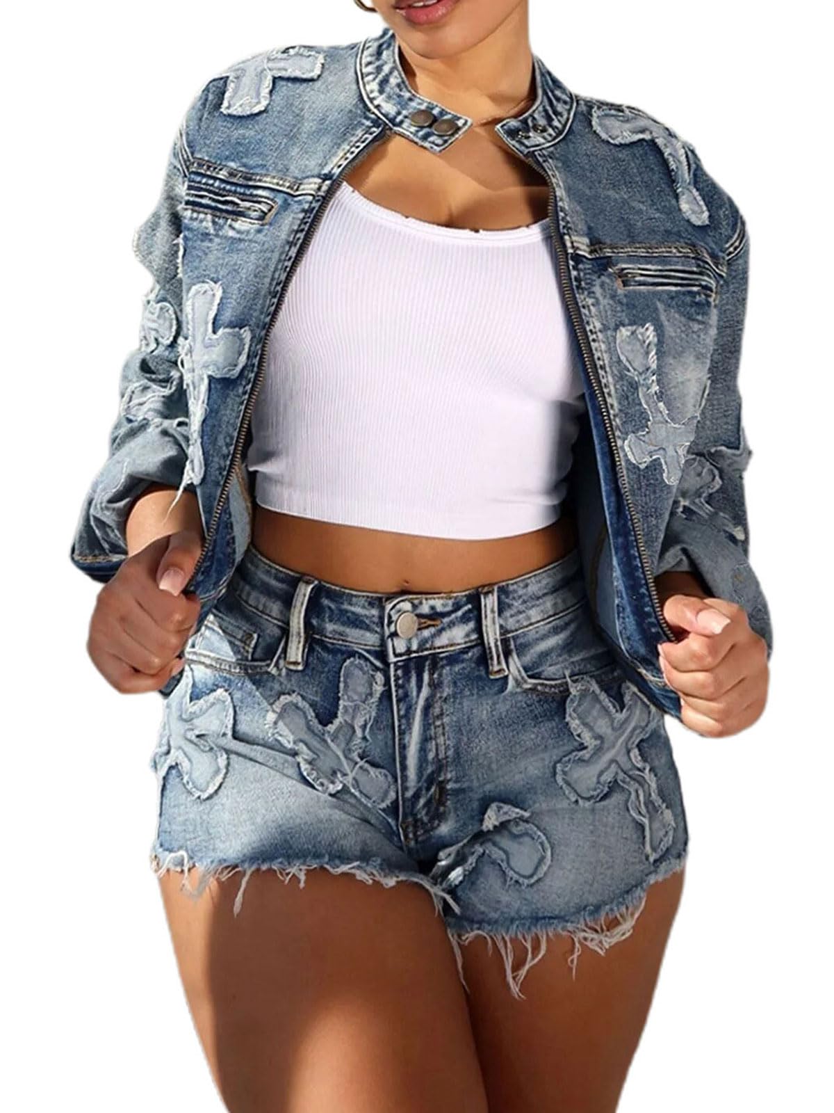 Denim Short Sets Women 2 Piece Outfits Long Sleeve Zip Up Cropped Jacket Raw Hem Skinny Jean Shorts Set