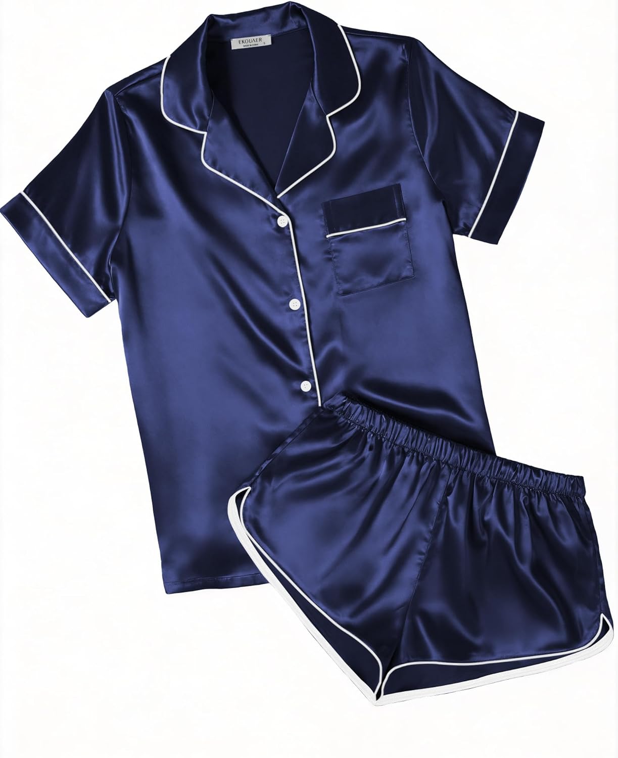 Ekouaer Womens Silk Satin Pajamas Short Sleeve PJS Shorts Set Soft Button Down Sleepwear 2 Piece Loungewear S-5XL