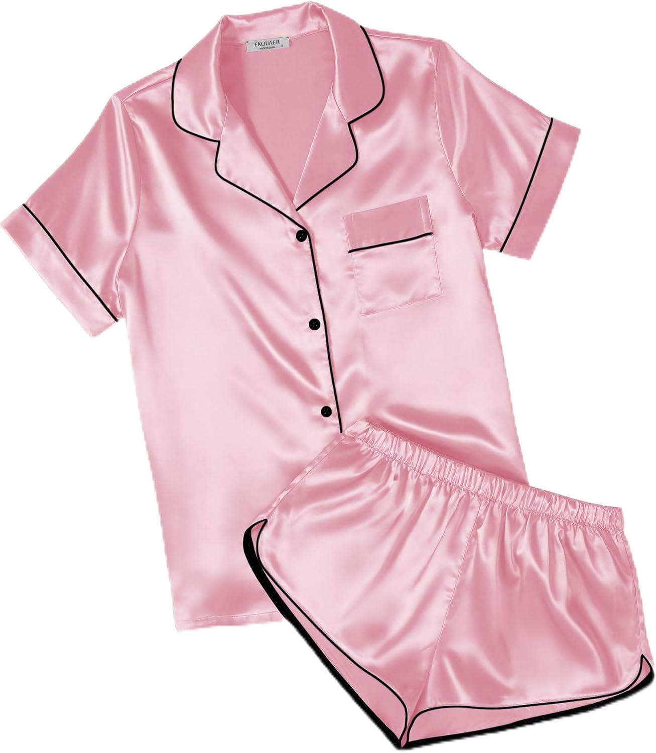 Ekouaer Womens Silk Satin Pajamas Short Sleeve PJS Shorts Set Soft Button Down Sleepwear 2 Piece Loungewear S-5XL
