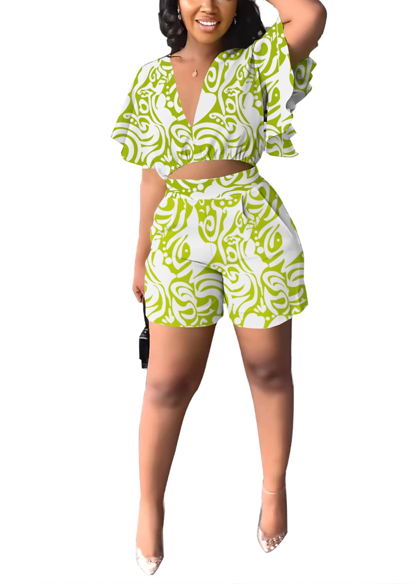 Fooullaide Womens Summer 2 Piece Outfit Set Crop Top Butterfly Sleeve Short Set Sexy Beach Vacation 2pc Sets