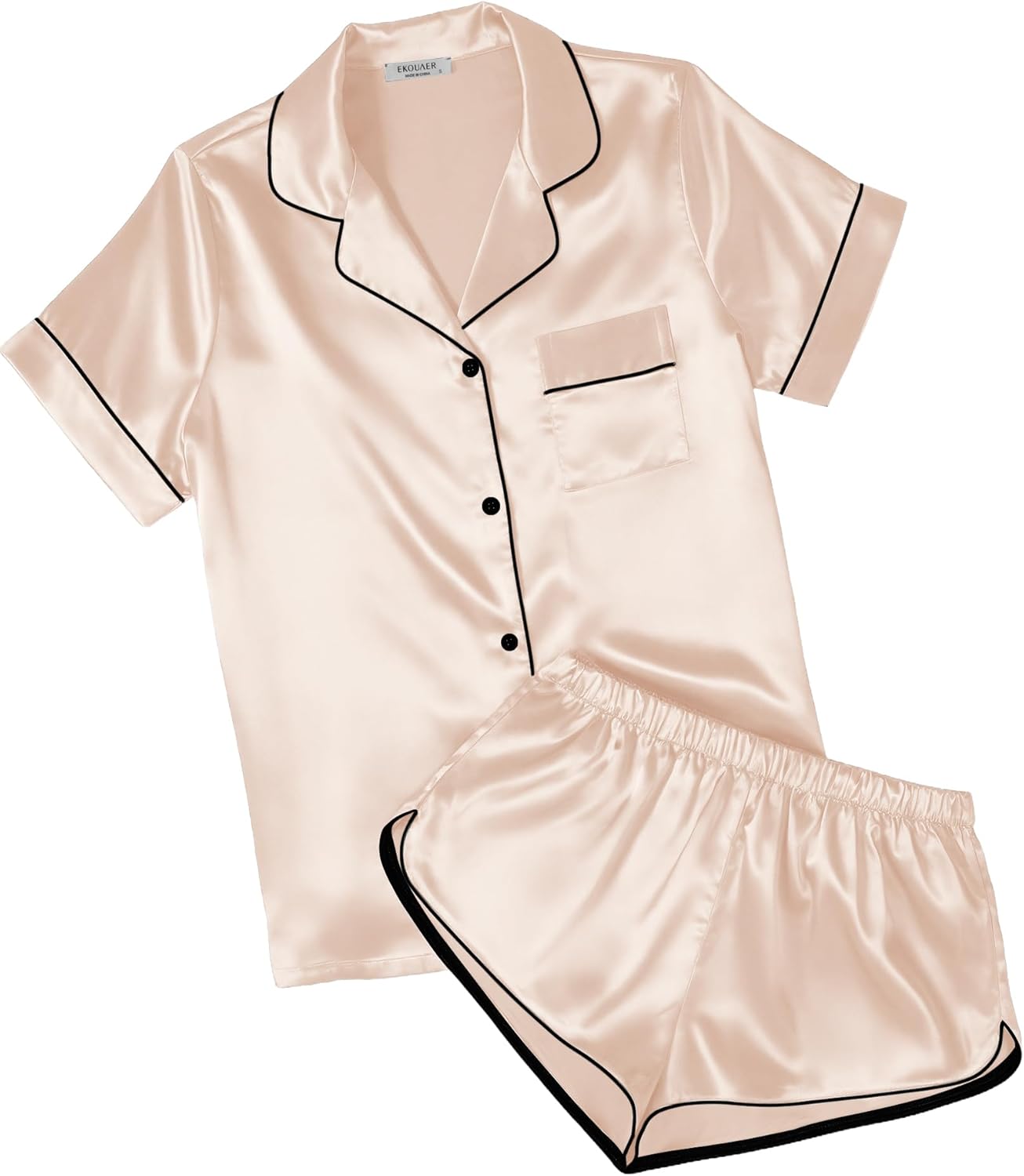 Ekouaer Womens Silk Satin Pajamas Short Sleeve PJS Shorts Set Soft Button Down Sleepwear 2 Piece Loungewear S-5XL