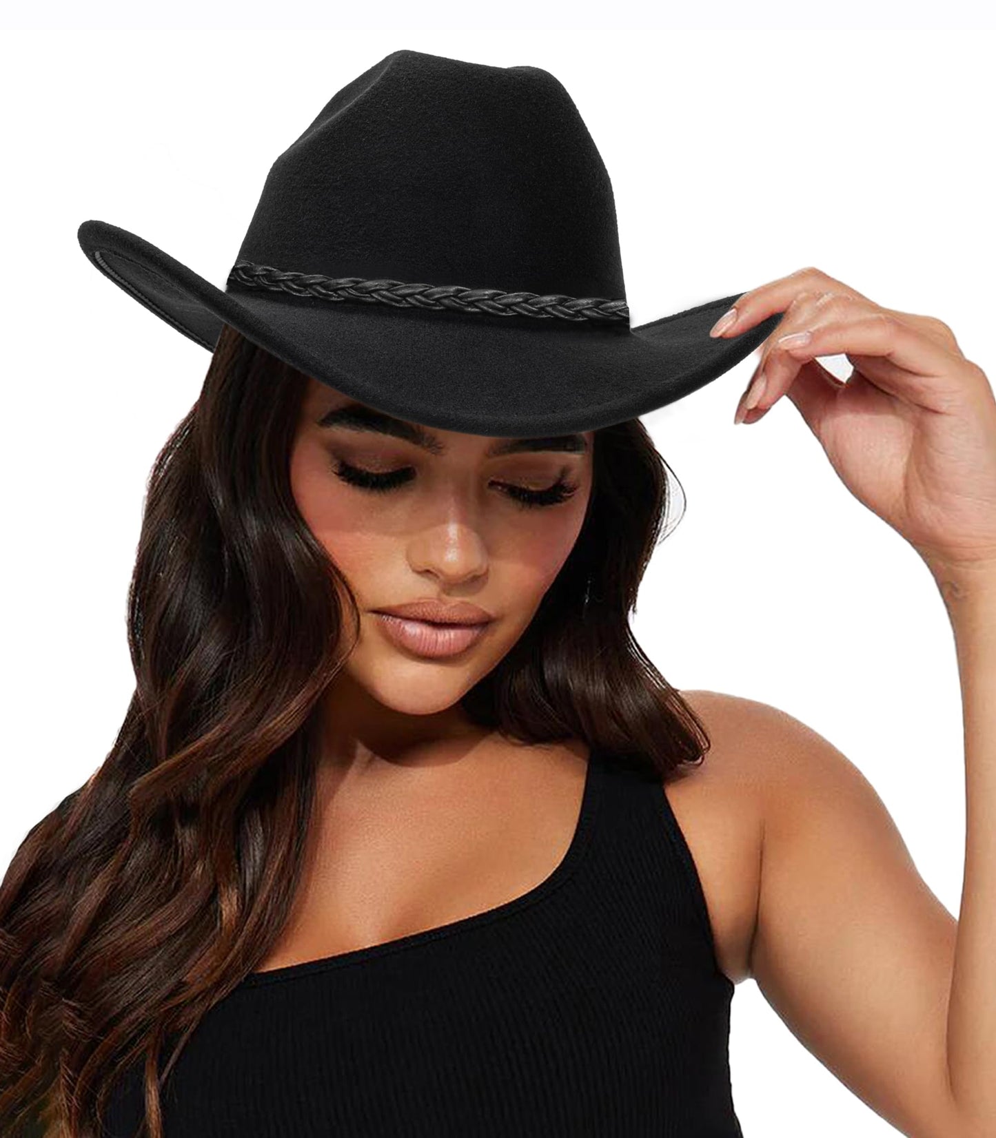 Eohak Womens Western Cowboy Hats Studded Pinched Western Cowgirl Hats Wide Brim Fedoras Hat with Belt Buckle (Size:Medium)