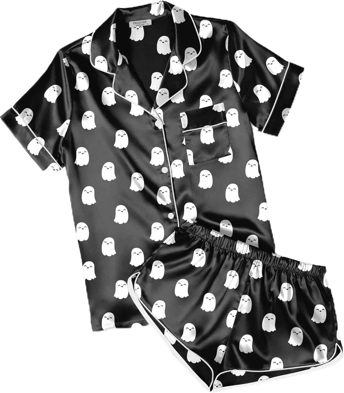 Ekouaer Womens Silk Satin Pajamas Short Sleeve PJS Shorts Set Soft Button Down Sleepwear 2 Piece Loungewear S-5XL