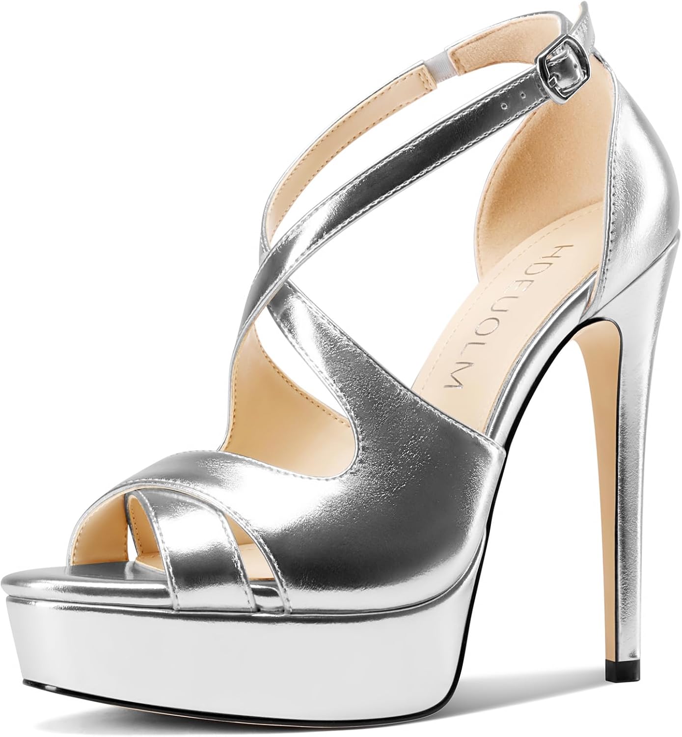 HDEUOLM Women Stiletto High Platform Heel Peep Open Toe Sandals Ankle Strap Wedding Dress 4.7 Inches Heels
