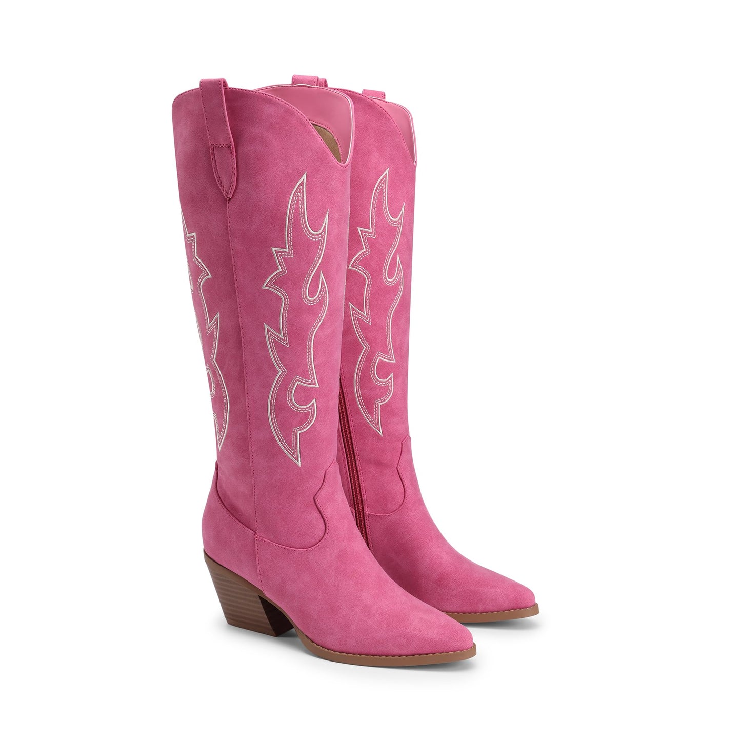 DREAM PAIRS Cowgirl Boots Women Knee High Cowboy Boots Pointed Toe Chunky Block Heel Suede Tall Western Boots with Embroidered