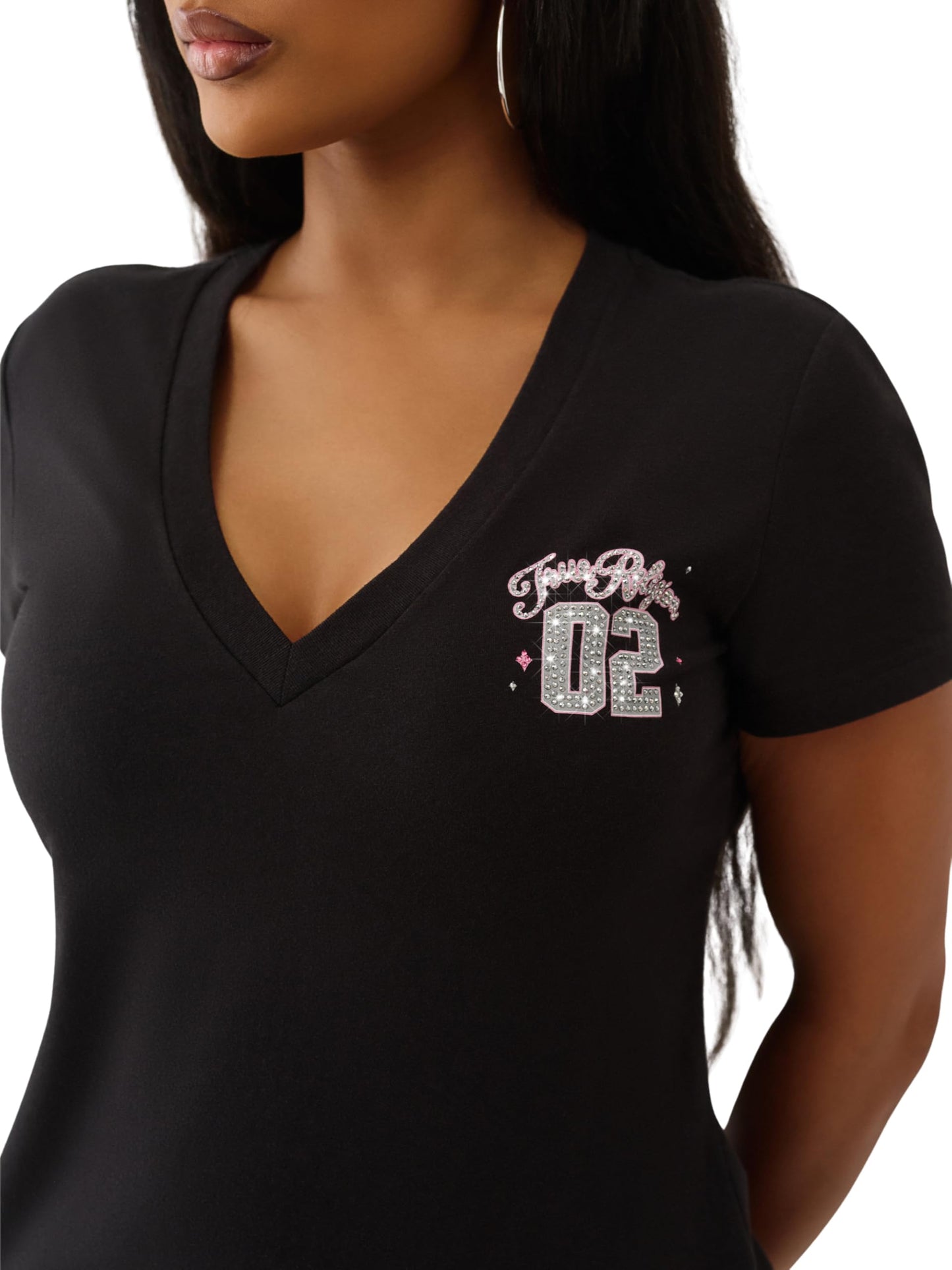 True Religion Women's Sporty Crystal V-Neck Tee – Short Sleeve Rhinestone Graphic T-Shirt