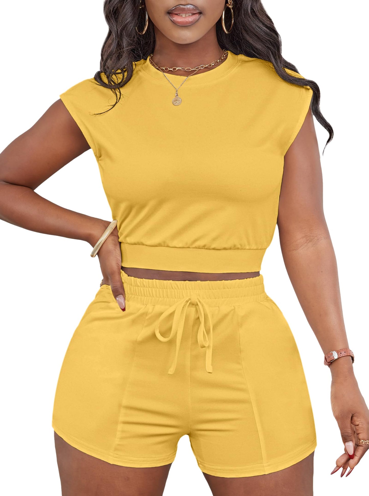 LovelyWholesale Short Sets for Women 2 Piece Summer Sets Cap Sleeve Crop Tops and Shorts Tracksuits Sets