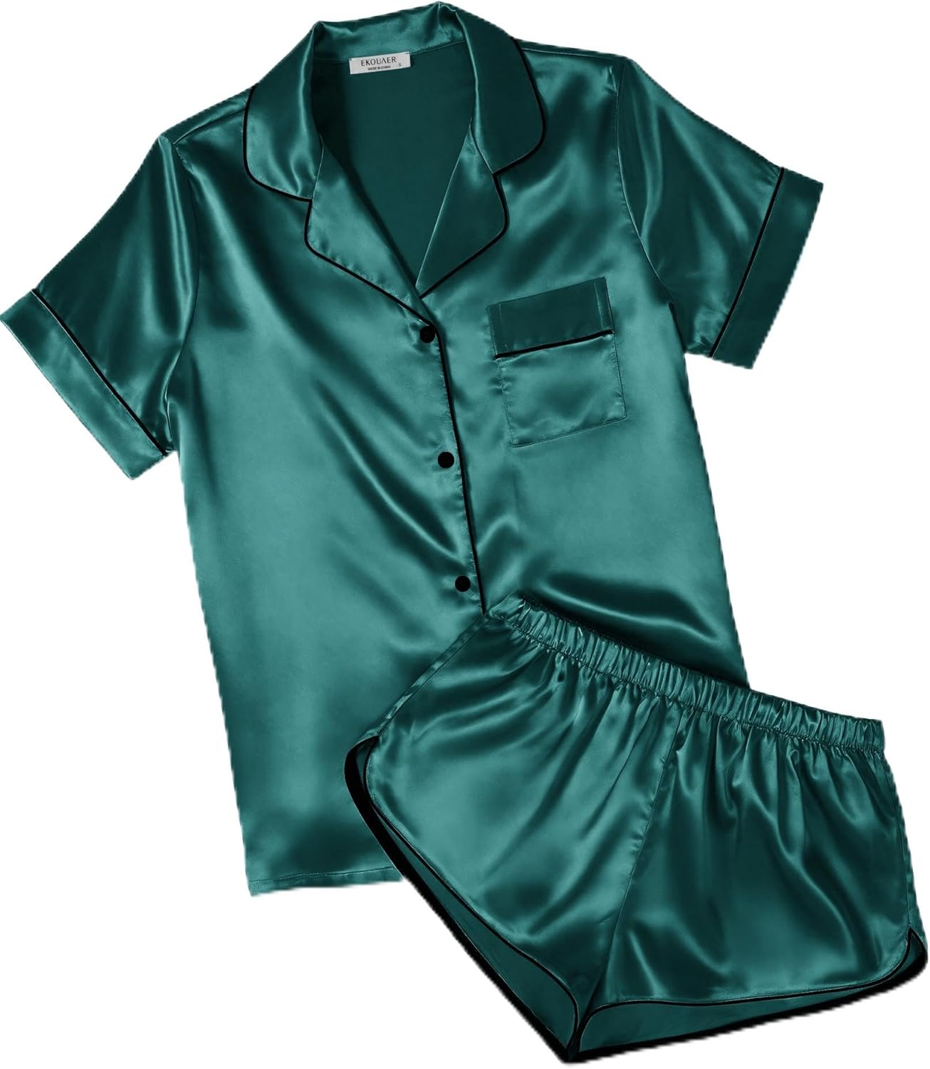 Ekouaer Womens Silk Satin Pajamas Short Sleeve PJS Shorts Set Soft Button Down Sleepwear 2 Piece Loungewear S-5XL
