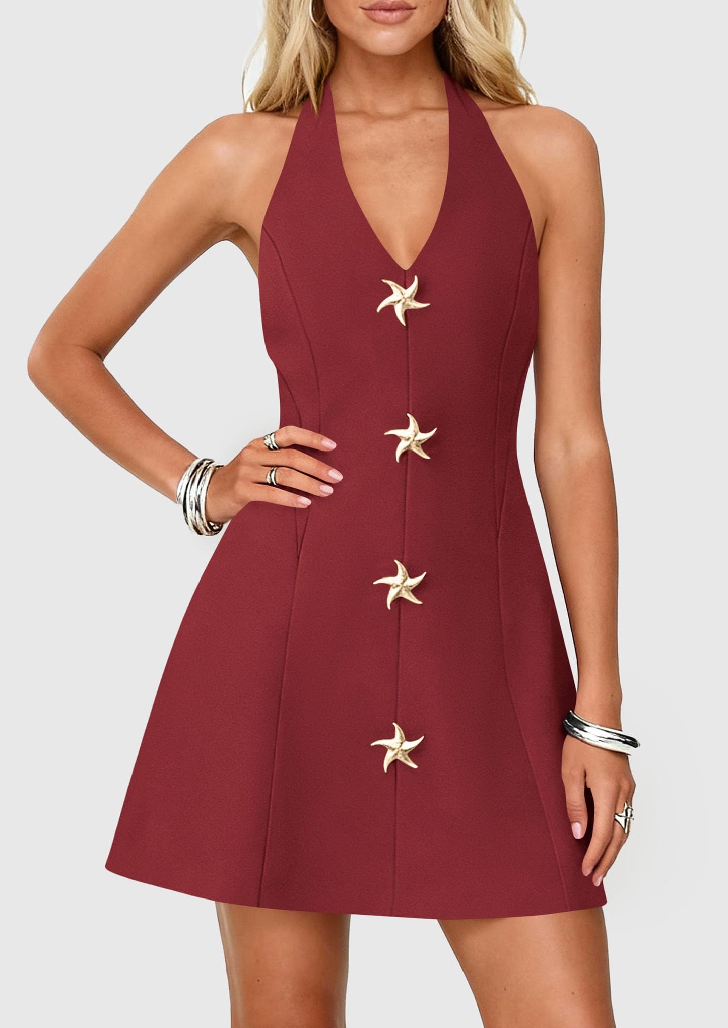 PRETTYGARDEN Summer Cocktail Dresses for Women Short 2026 Spring Halter V Neck Beach Party Backless A Line Mini Dress