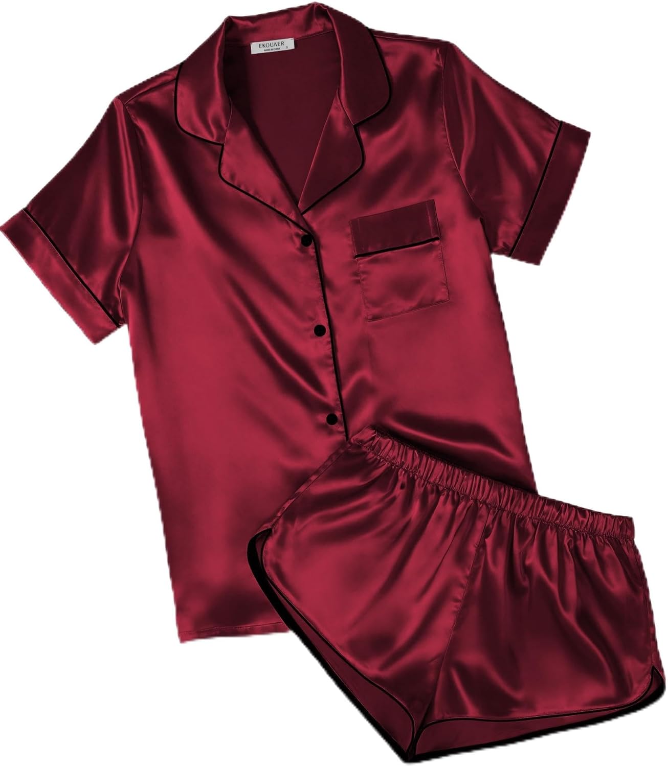 Ekouaer Womens Silk Satin Pajamas Short Sleeve PJS Shorts Set Soft Button Down Sleepwear 2 Piece Loungewear S-5XL