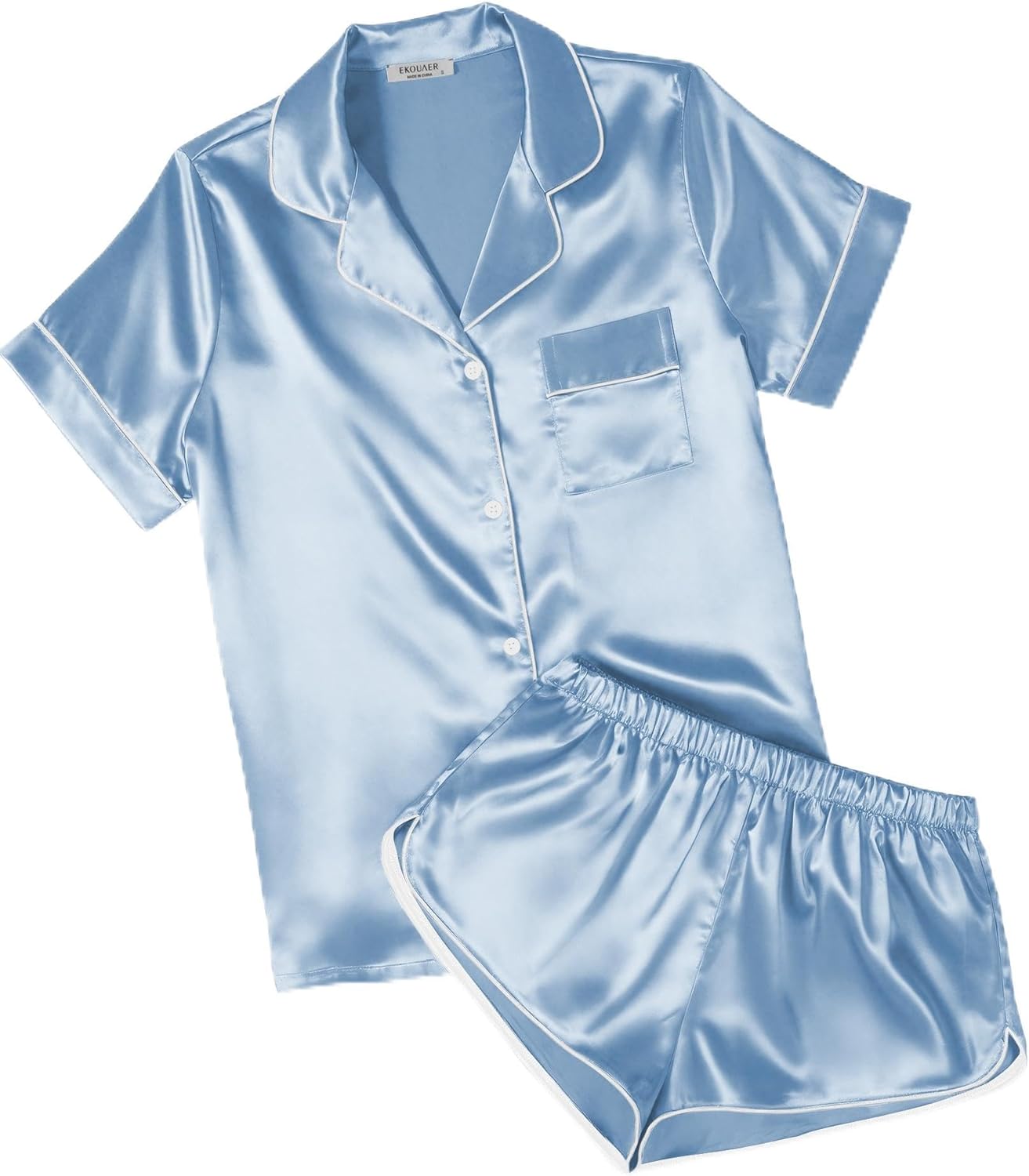 Ekouaer Womens Silk Satin Pajamas Short Sleeve PJS Shorts Set Soft Button Down Sleepwear 2 Piece Loungewear S-5XL
