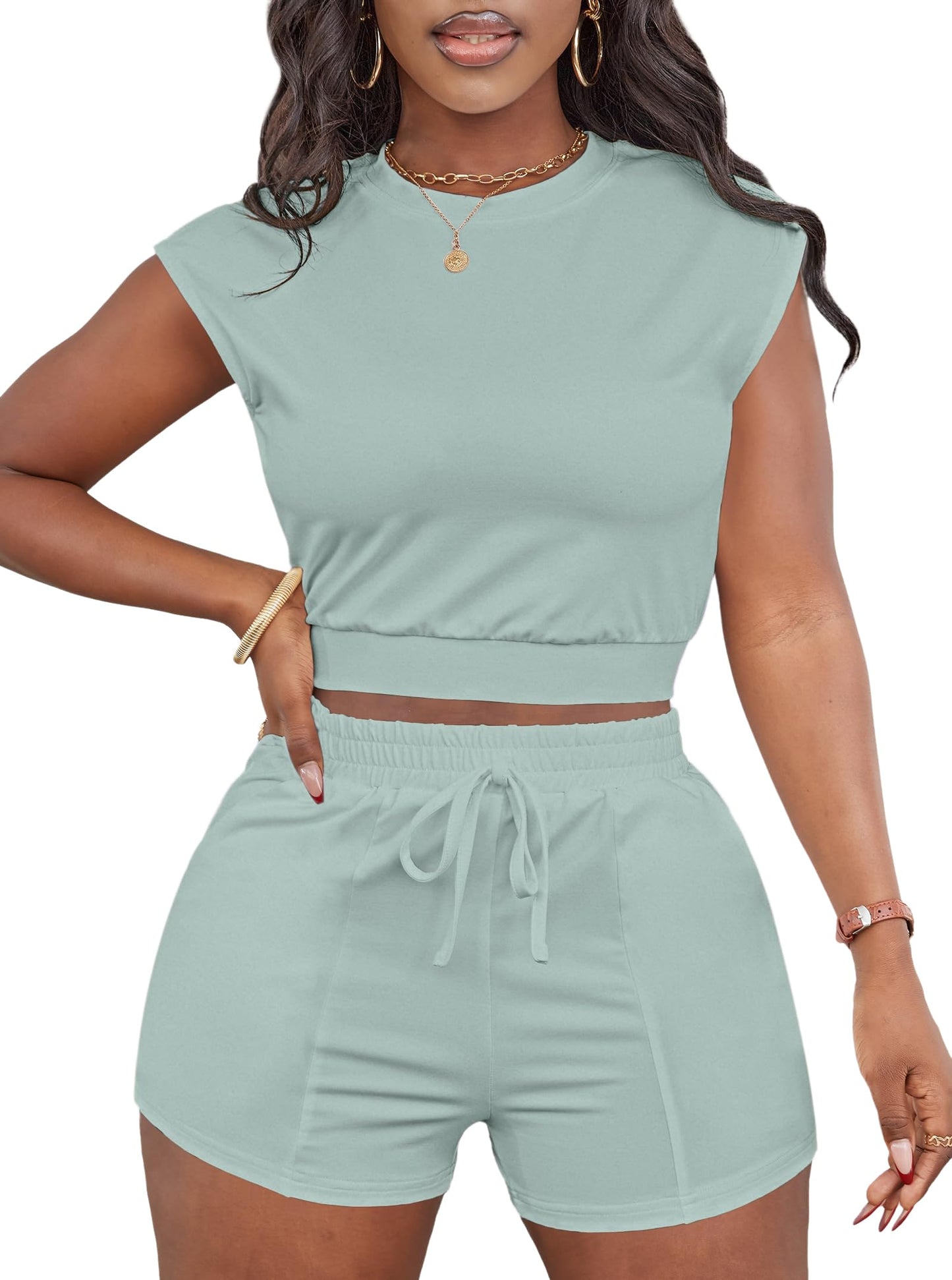 LovelyWholesale Short Sets for Women 2 Piece Summer Sets Cap Sleeve Crop Tops and Shorts Tracksuits Sets