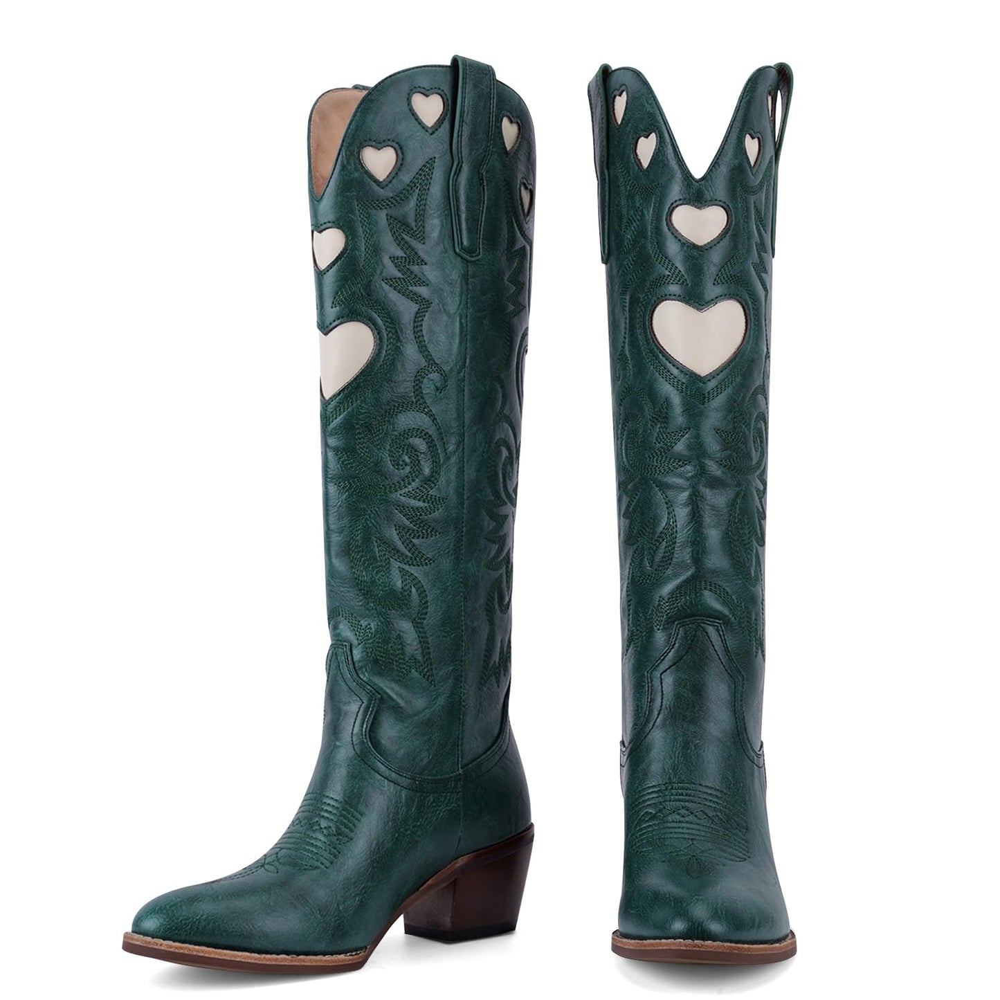 Cowboy Boots for Women Wide Calf Round Toe Chunky Stacked Heel Knee High Cowgirl Boot Heart Pattern Classic Embroidered Tall Western Booties Pull on