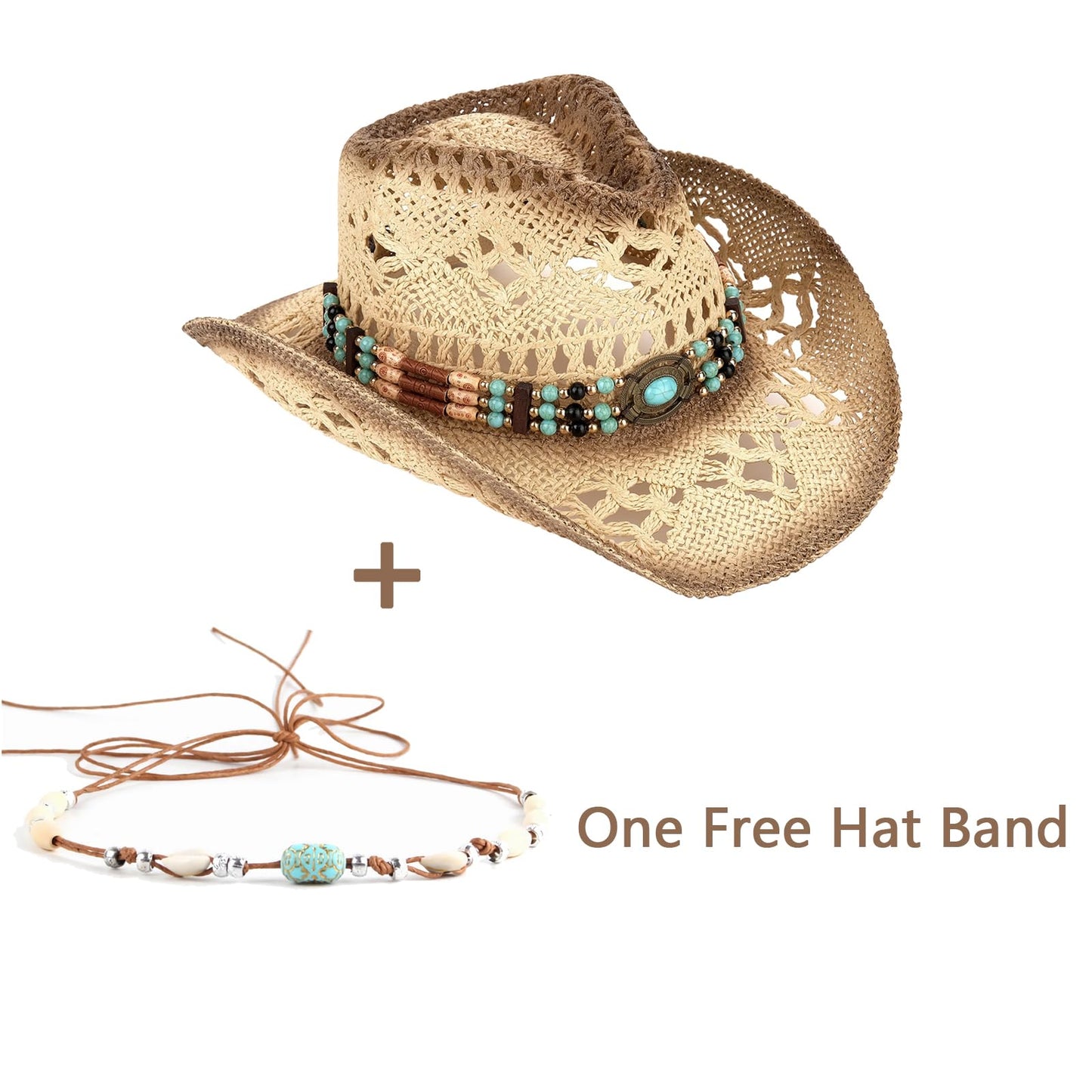 Men's Women's Straw Cowboy Hat Cowgirl Woven Sun Hat Western Cowboy Hat Two Decorative Bands