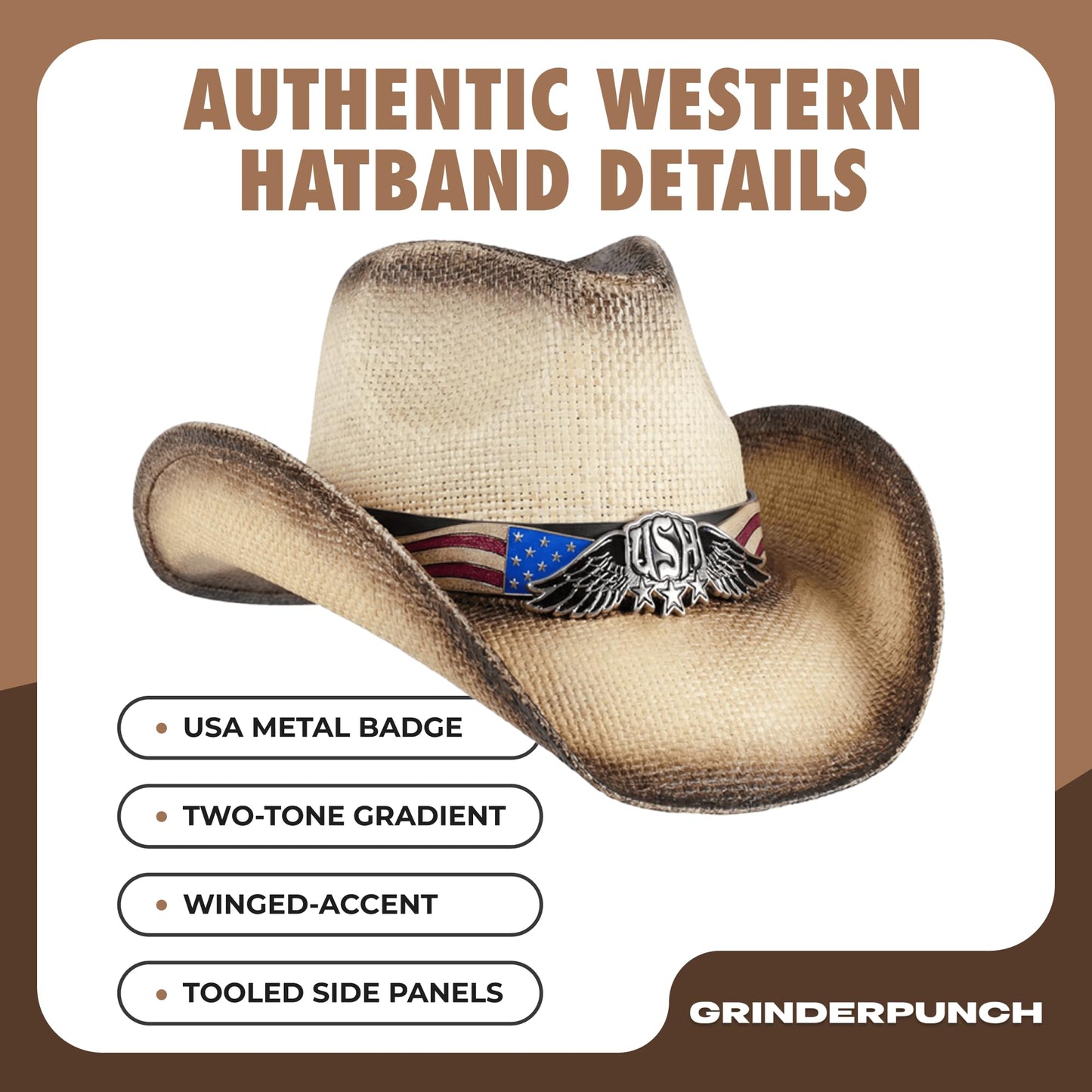 grinderPUNCH Western Outback Cowboy Hat Men's Women's Style Classic Straw Western Cowgirl Hat