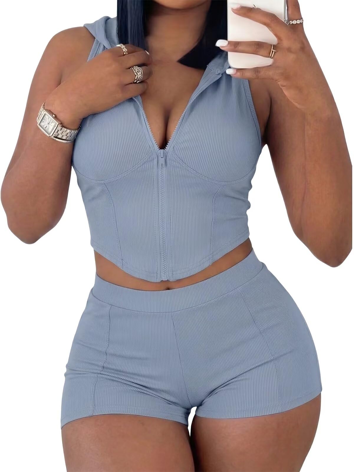 Women's 2 Piece Short Sets Sleeveless Hoodied Tops Ribbed Workout Set Summer Tracksuit Loungewear