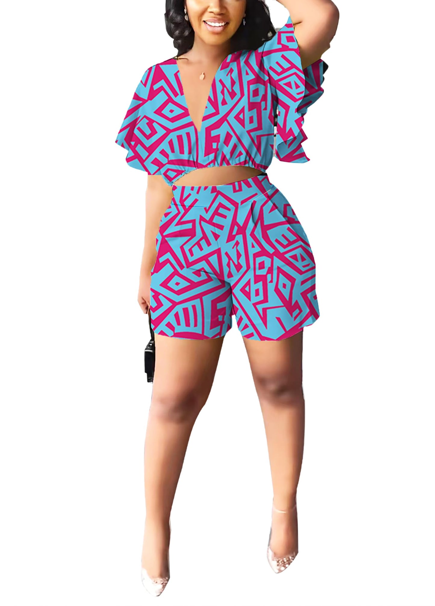 Fooullaide Womens Summer 2 Piece Outfit Set Crop Top Butterfly Sleeve Short Set Sexy Beach Vacation 2pc Sets