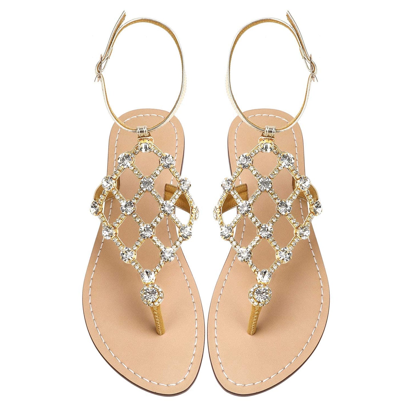 UTIKLIOU Women's Rhinestone Flat Sandals T-Strap Thong Sandals Summer Flat Sandals Flip Flop Sandals for Women