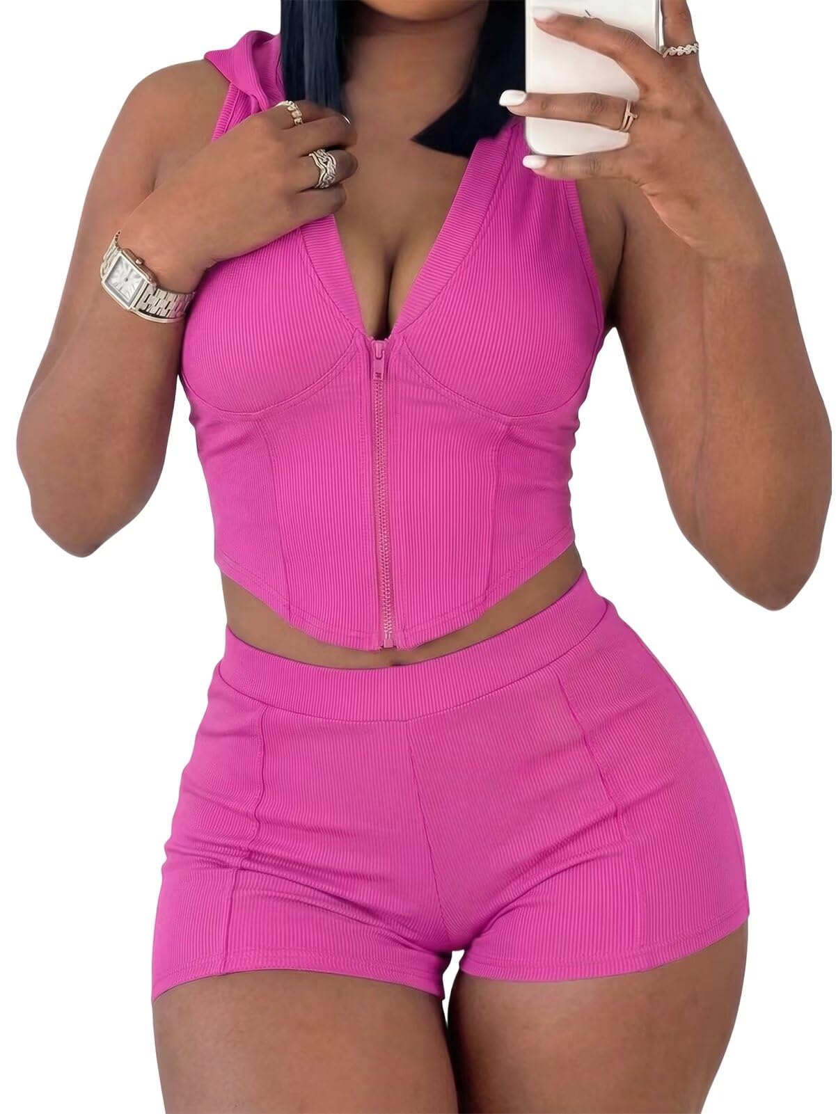 Women's 2 Piece Short Sets Sleeveless Hoodied Tops Ribbed Workout Set Summer Tracksuit Loungewear