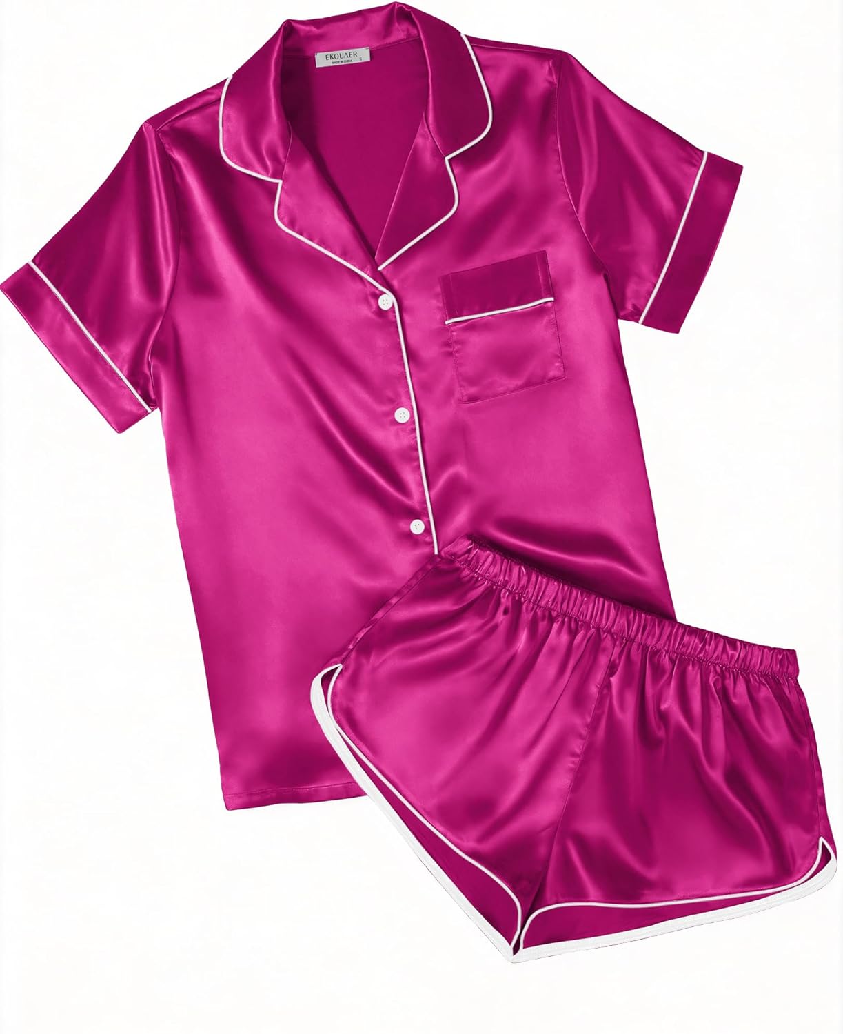Ekouaer Womens Silk Satin Pajamas Short Sleeve PJS Shorts Set Soft Button Down Sleepwear 2 Piece Loungewear S-5XL