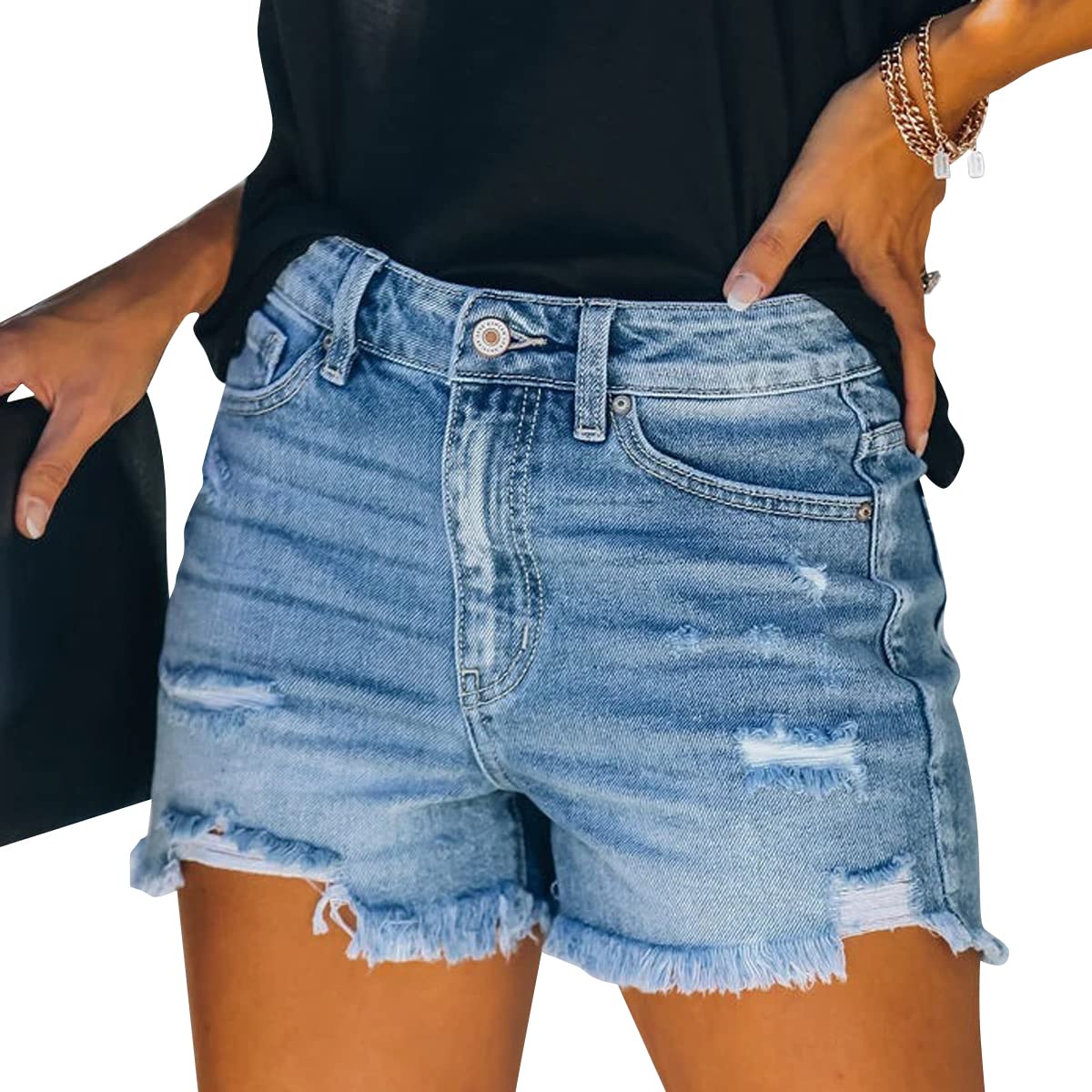 vanberfia Women's Stretchy Denim Mid Rise Jean Shorts with Pockets…