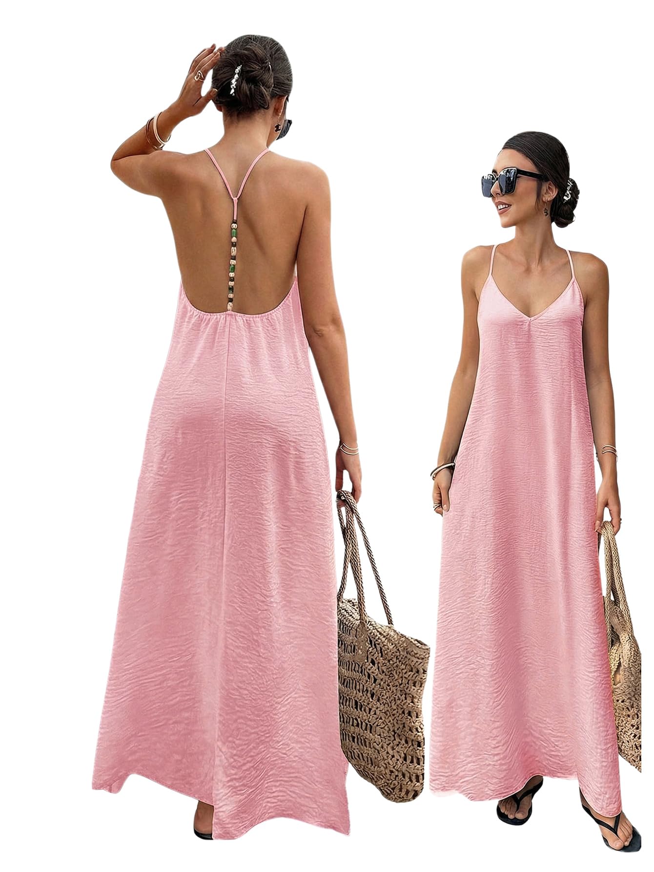 Verdusa Women's Backless Cami Dress Long Maxi Flowy Linen Dresses Summer Vacation Beach Outfits Sun Dress