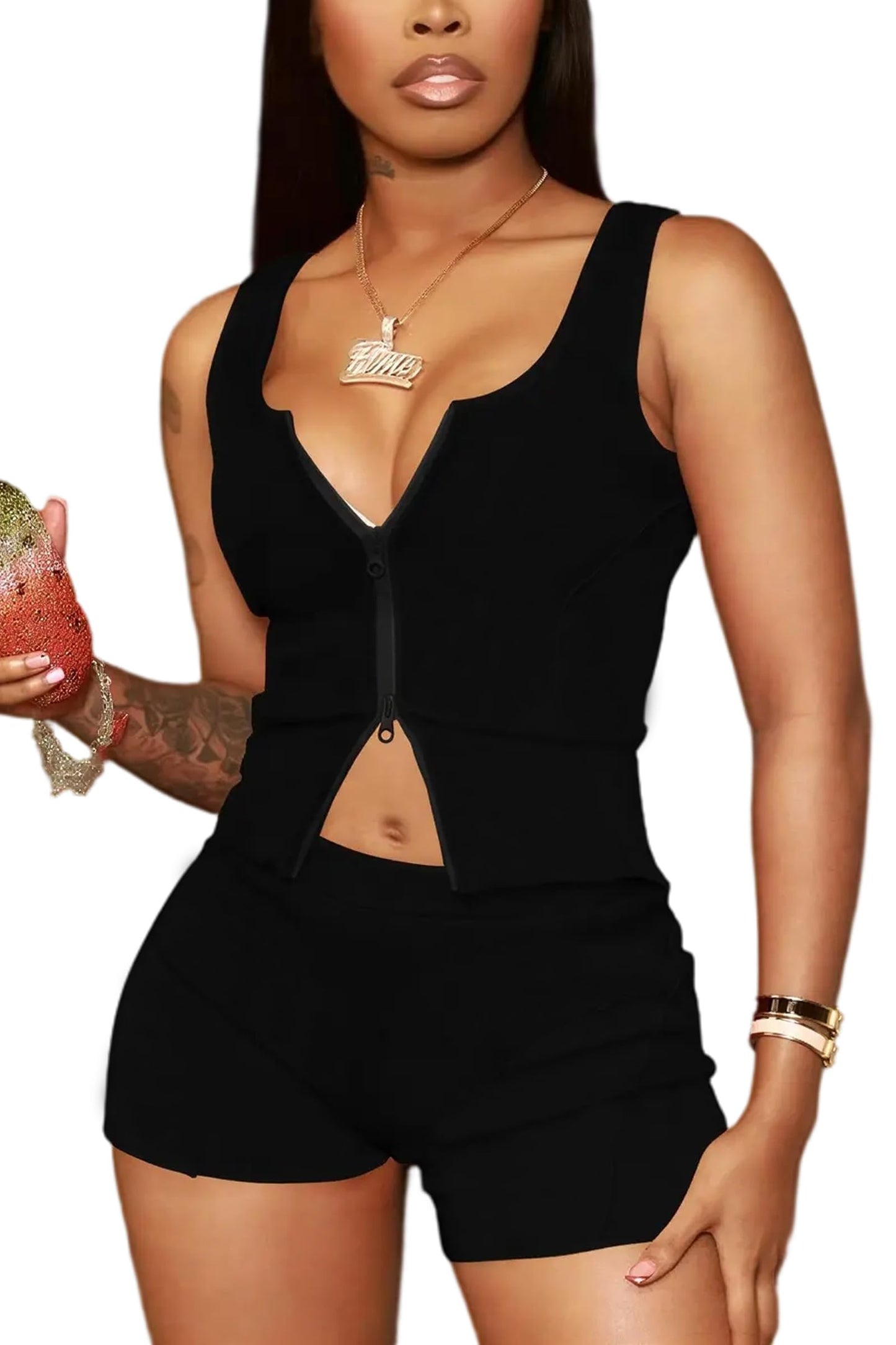 Ekaliy Women's 2 Piece Short Sets Sexy Two-Way Zipper Tank Top and High Waisted Shorts Outfits Bodycon Club Activewear Set