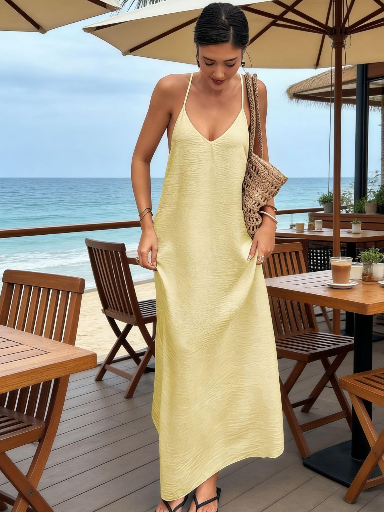 Verdusa Women's Backless Cami Dress Long Maxi Flowy Linen Dresses Summer Vacation Beach Outfits Sun Dress