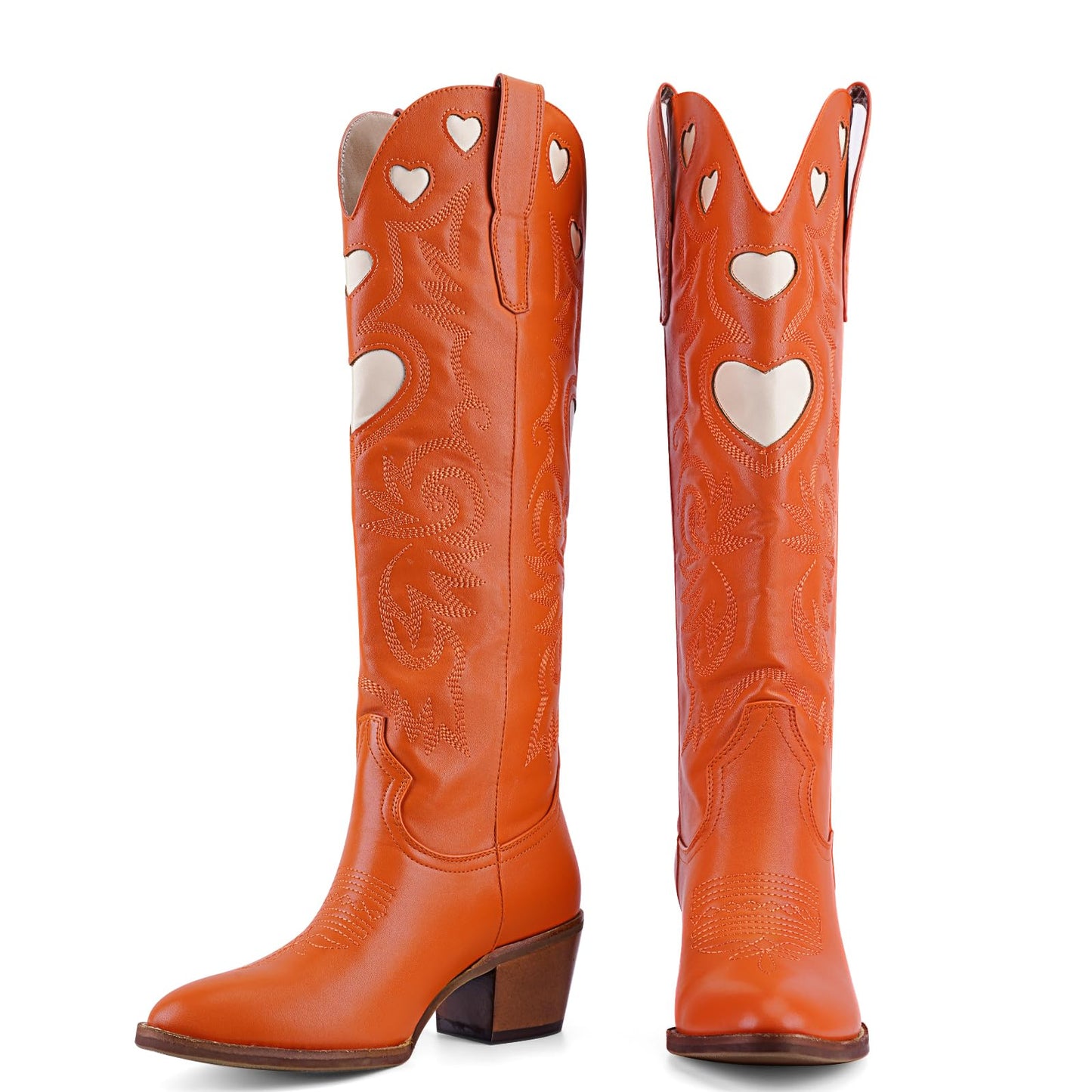 Cowboy Boots for Women Wide Calf Round Toe Chunky Stacked Heel Knee High Cowgirl Boot Heart Pattern Classic Embroidered Tall Western Booties Pull on