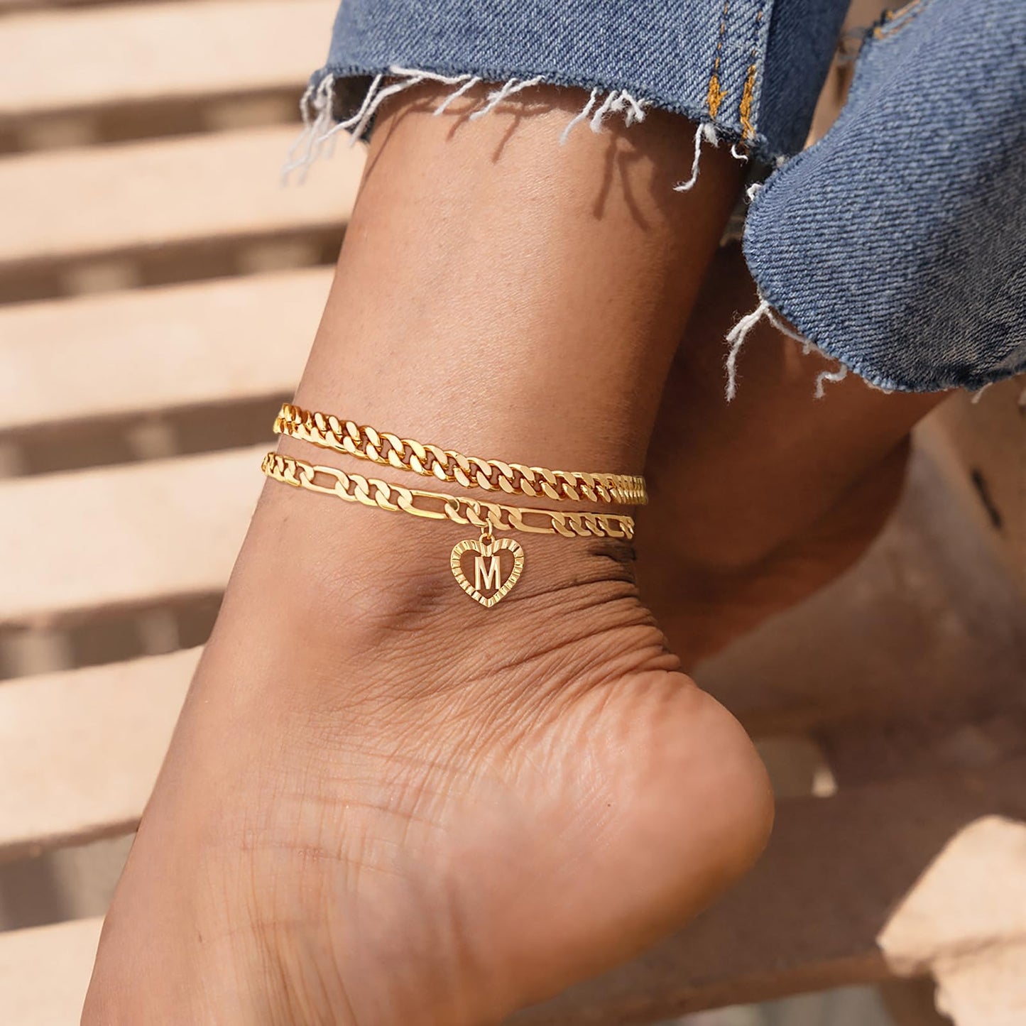 Dainty Gold Ankle Bracelets for Women 14K Gold Plated Heart Initial Anklets for Women Stackable Cuban Figaro Chains Women's Anklets Anklets for Women Waterproof