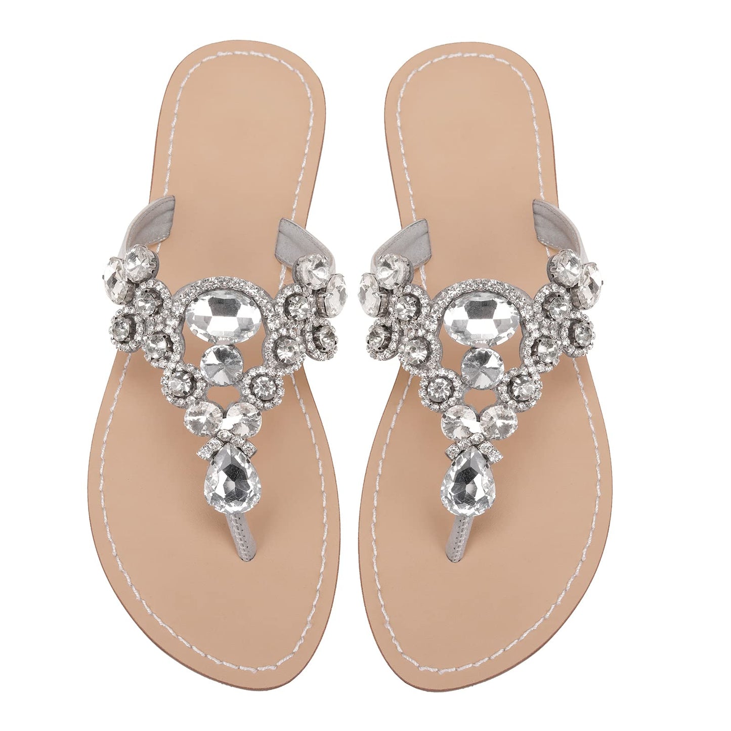 UTIKLIOU Women's Rhinestone Flat Sandals T-Strap Thong Sandals Summer Flat Sandals Flip Flop Sandals for Women