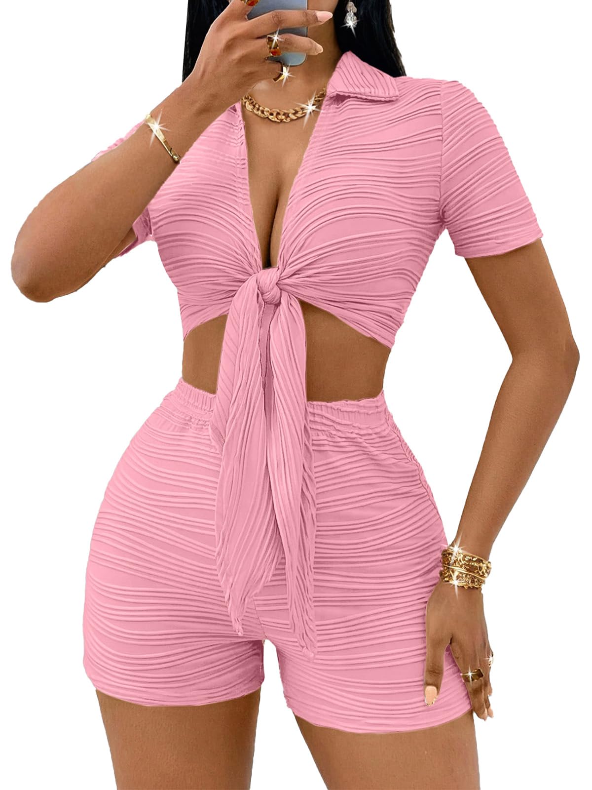 MSLG Women's Sexy 2 Piece Set Solid Summer Bodycon Suit Casual Tie Front Short Sleeve V Neck Crop Top Shorts Outfits Sets S42
