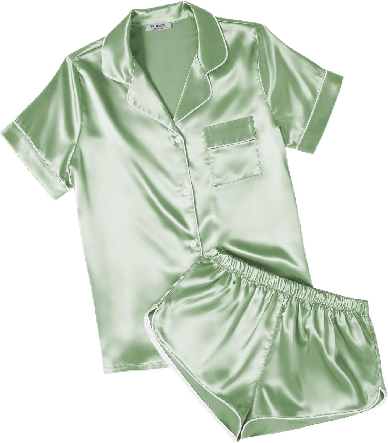 Ekouaer Womens Silk Satin Pajamas Short Sleeve PJS Shorts Set Soft Button Down Sleepwear 2 Piece Loungewear S-5XL
