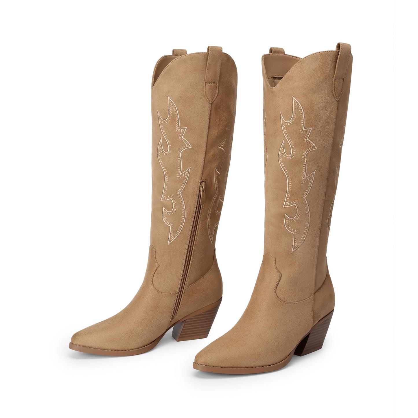 DREAM PAIRS Cowgirl Boots Women Knee High Cowboy Boots Pointed Toe Chunky Block Heel Suede Tall Western Boots with Embroidered