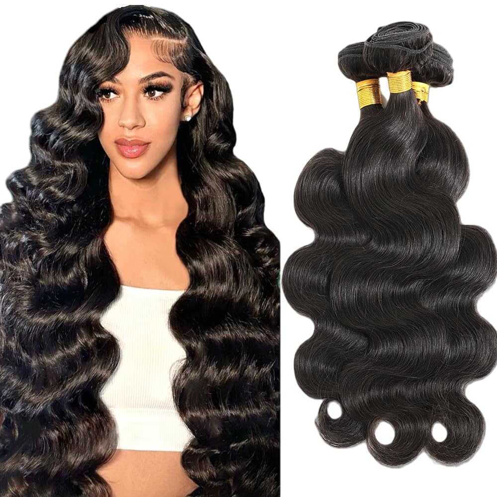 CSCHS 12A Human Hair Bundles 22 24 26 Inch Body Wave Bundles Human Hair 100% Unprocessed Brazilian Virgin Hair Quick Weave Extensions Natural Black