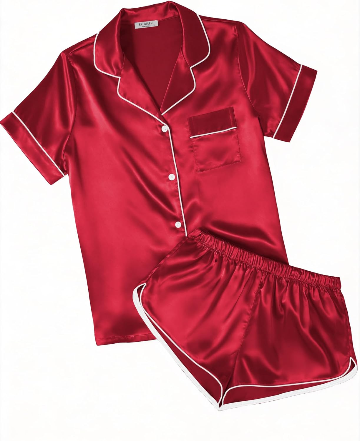 Ekouaer Womens Silk Satin Pajamas Short Sleeve PJS Shorts Set Soft Button Down Sleepwear 2 Piece Loungewear S-5XL