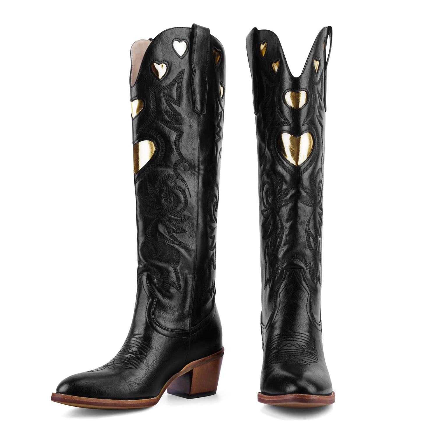 Cowboy Boots for Women Wide Calf Round Toe Chunky Stacked Heel Knee High Cowgirl Boot Heart Pattern Classic Embroidered Tall Western Booties Pull on