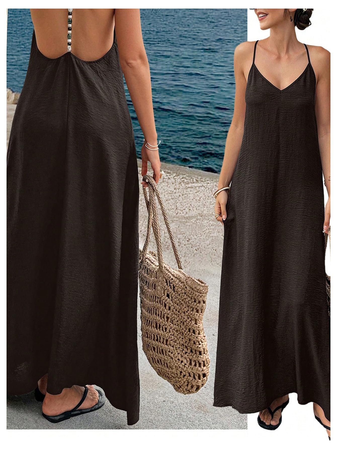 Verdusa Women's Backless Cami Dress Long Maxi Flowy Linen Dresses Summer Vacation Beach Outfits Sun Dress
