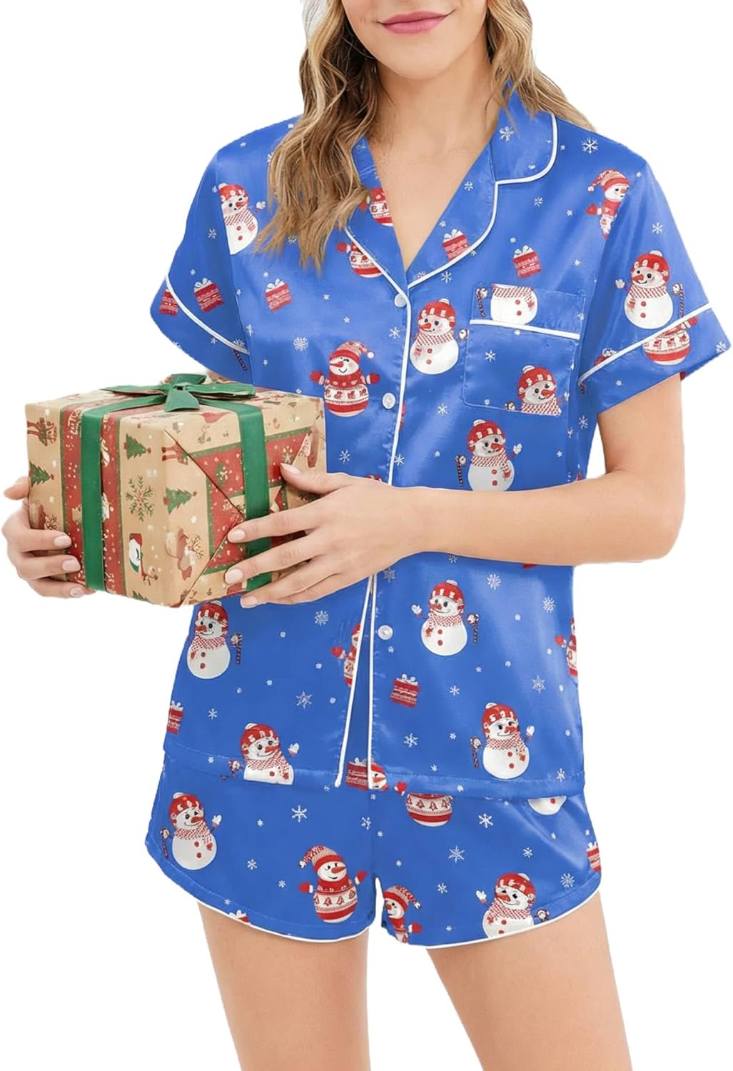 Ekouaer Womens Silk Satin Pajamas Short Sleeve PJS Shorts Set Soft Button Down Sleepwear 2 Piece Loungewear S-5XL