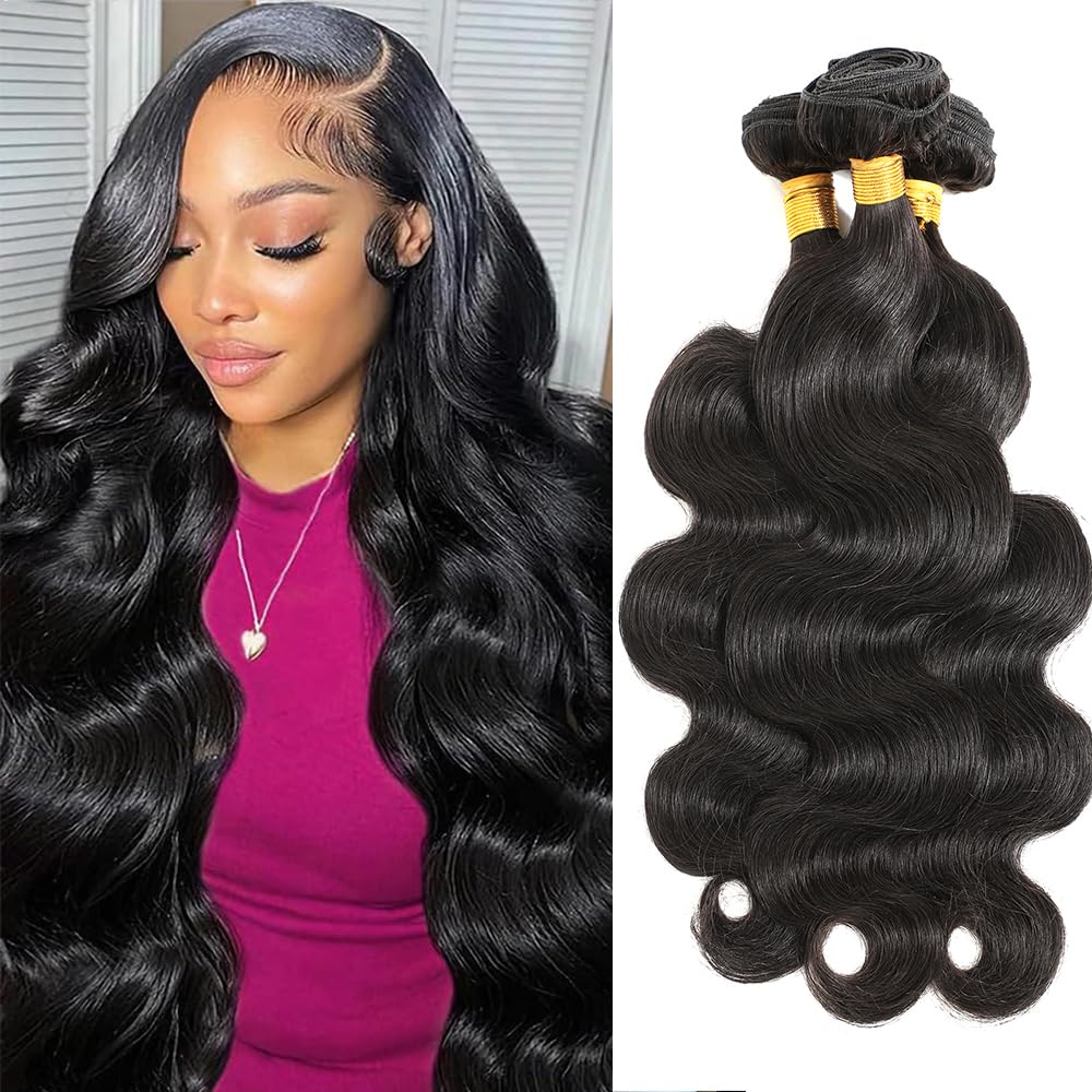 CSCHS 12A Human Hair Bundles 22 24 26 Inch Body Wave Bundles Human Hair 100% Unprocessed Brazilian Virgin Hair Quick Weave Extensions Natural Black