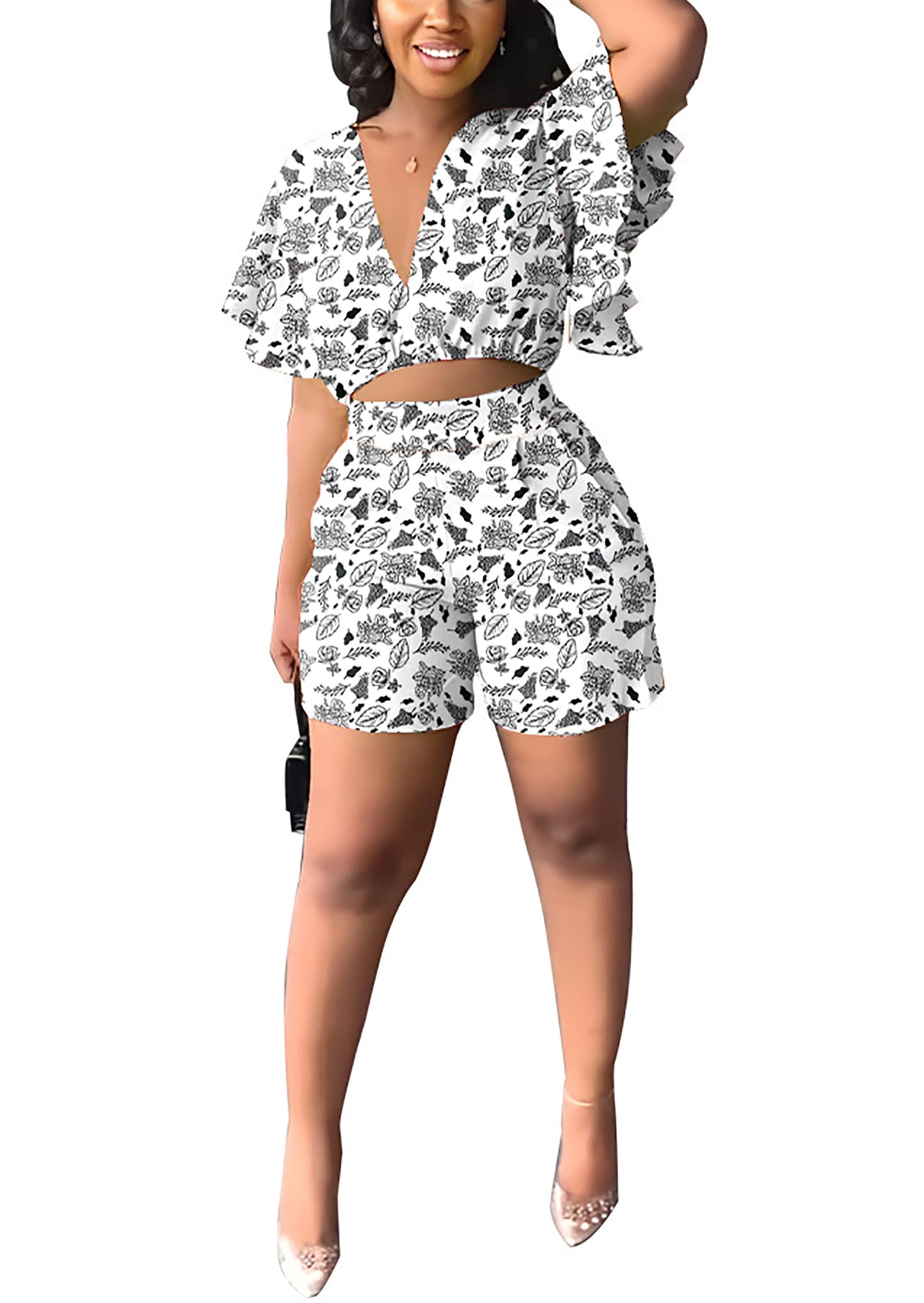 Fooullaide Womens Summer 2 Piece Outfit Set Crop Top Butterfly Sleeve Short Set Sexy Beach Vacation 2pc Sets