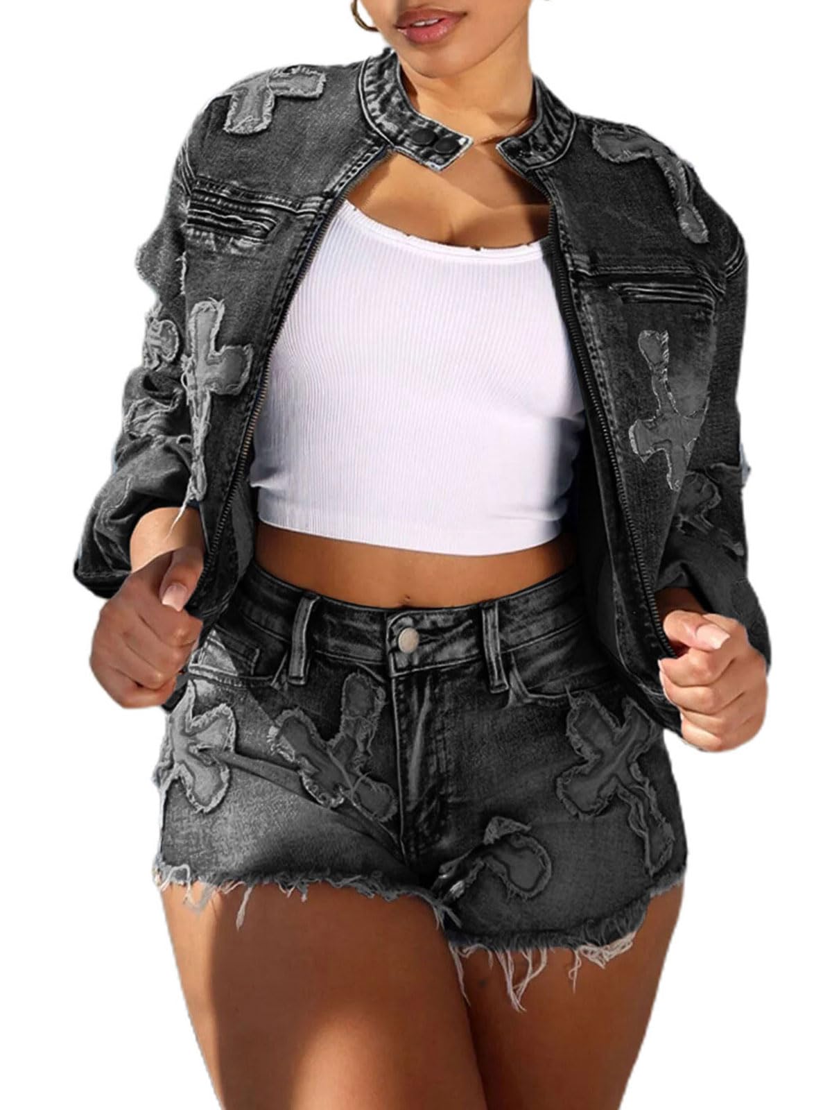 Denim Short Sets Women 2 Piece Outfits Long Sleeve Zip Up Cropped Jacket Raw Hem Skinny Jean Shorts Set