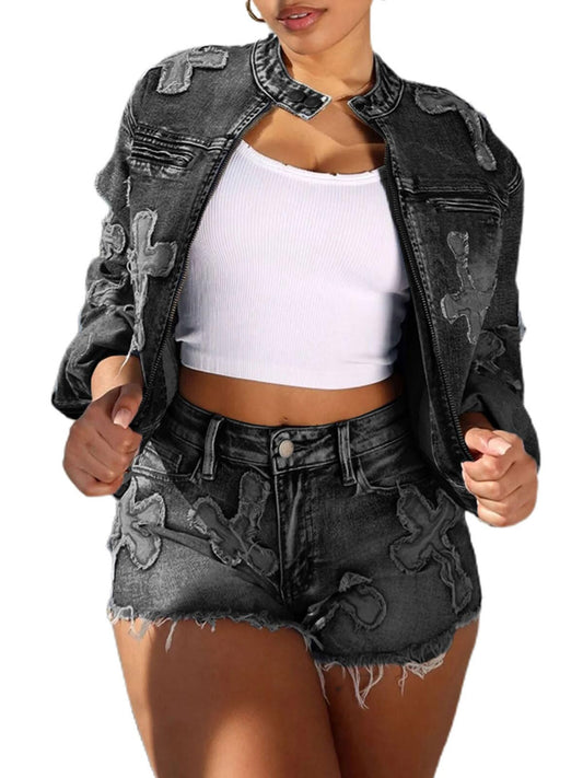 Denim Short Sets Women 2 Piece Outfits Long Sleeve Zip Up Cropped Jacket Raw Hem Skinny Jean Shorts Set