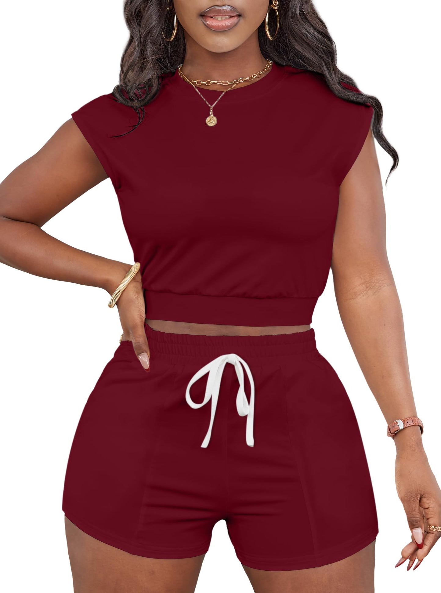 LovelyWholesale Short Sets for Women 2 Piece Summer Sets Cap Sleeve Crop Tops and Shorts Tracksuits Sets
