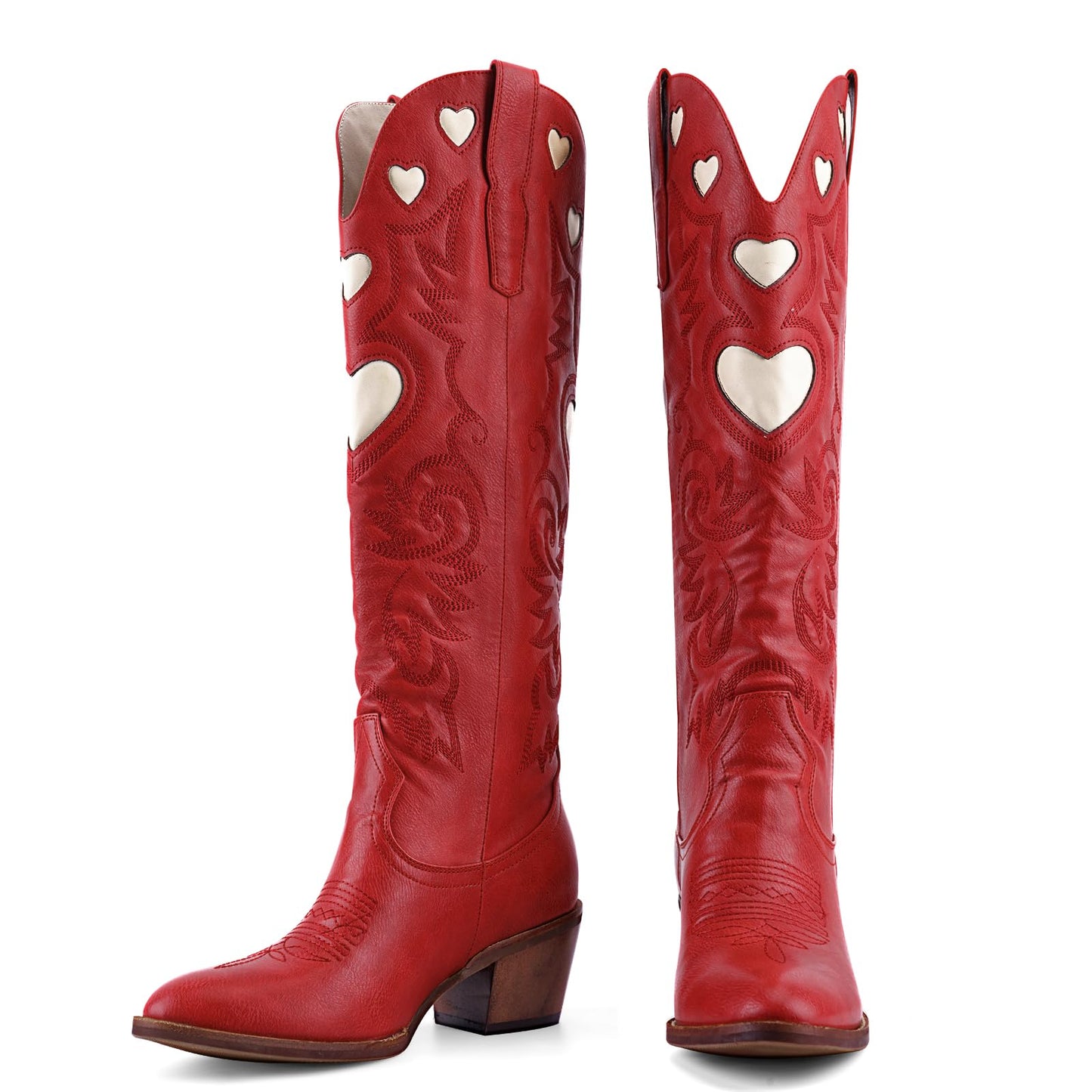 Cowboy Boots for Women Wide Calf Round Toe Chunky Stacked Heel Knee High Cowgirl Boot Heart Pattern Classic Embroidered Tall Western Booties Pull on
