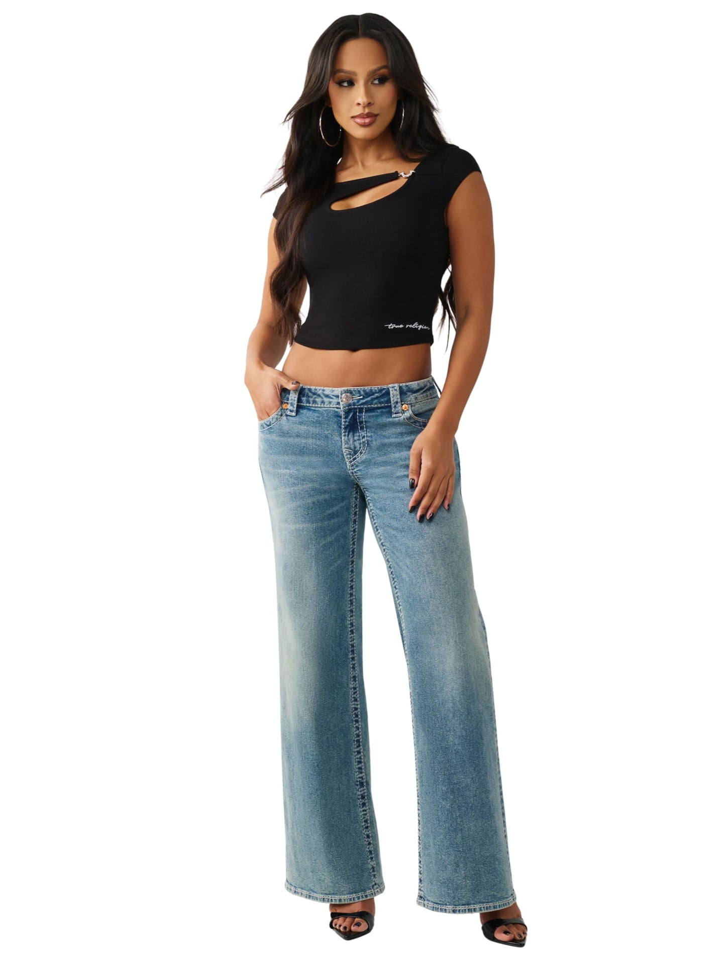 True Religion Women’s Crystal HS Cut Out Rib SS Top – Soft Rib Knit, Cutout Accent, Premium Stretch Comfort