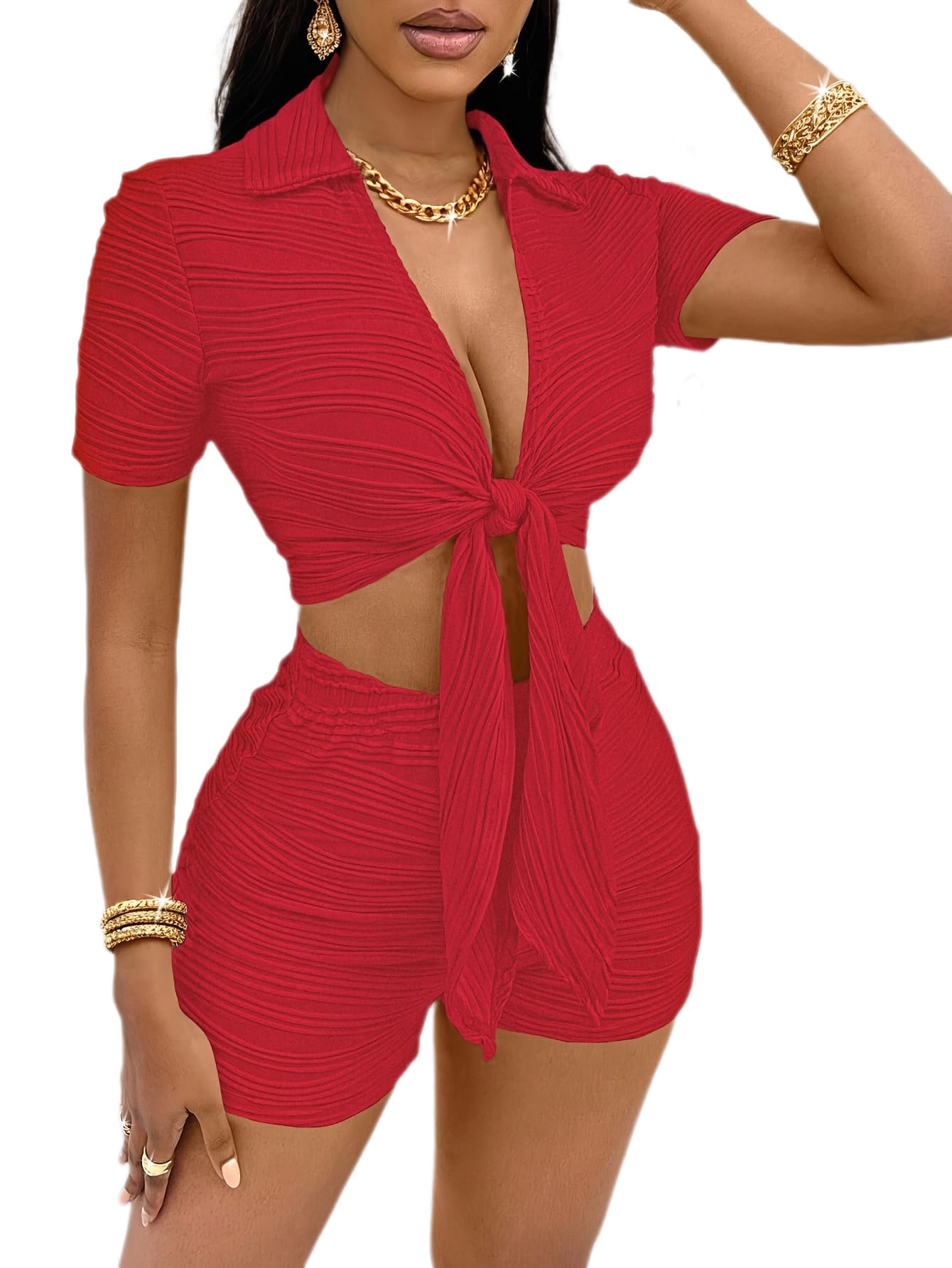 MSLG Women's Sexy 2 Piece Set Solid Summer Bodycon Suit Casual Tie Front Short Sleeve V Neck Crop Top Shorts Outfits Sets S42